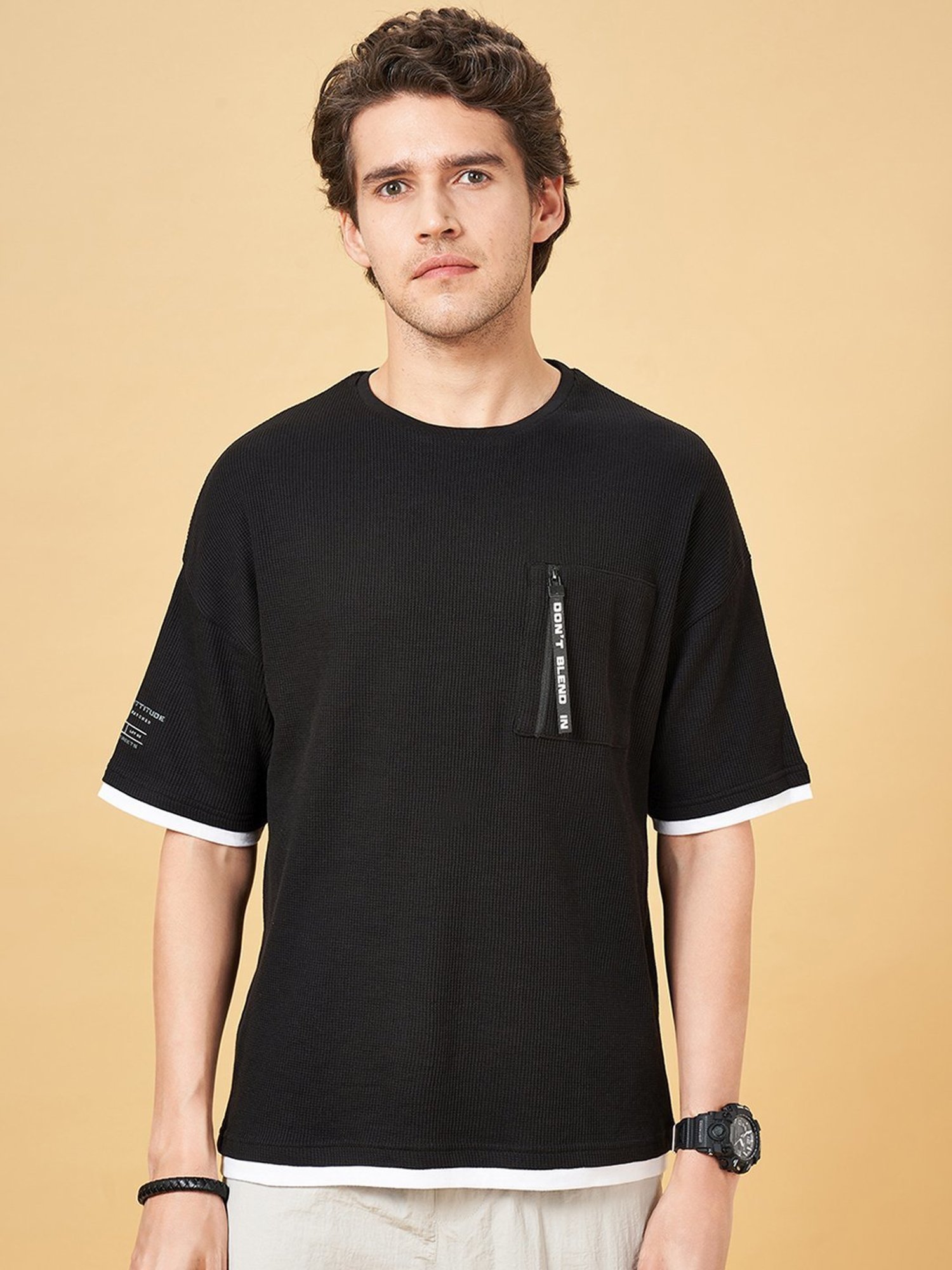 Street 808 By Pantaloons Jet Black Loose Fit Texture T-Shirt