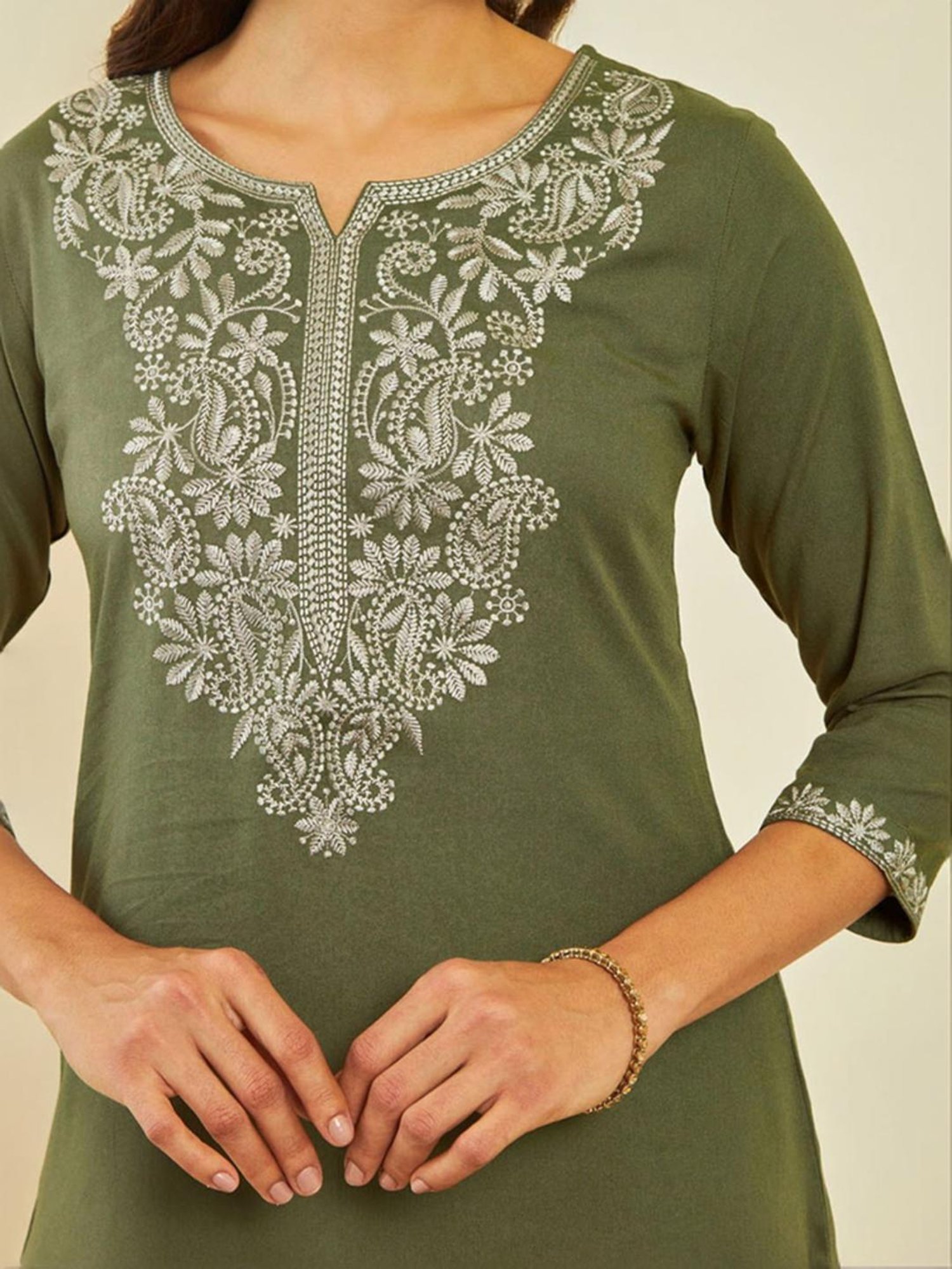 Soch Olive Rayon Paisley Embroidered A-Line Tunic with Vented Hemline