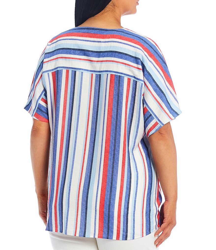 Westbound Plus Size Americana Stripe V-Neck Short Sleeve Tie Front Shirt