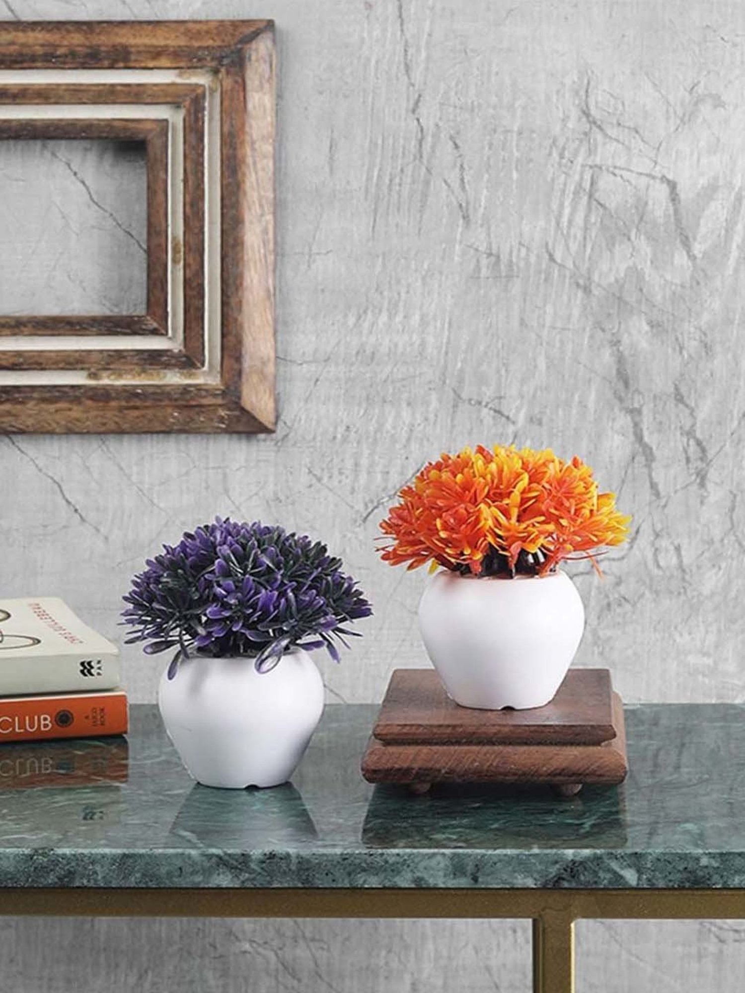 Foliyaj Purple & Orange Plastic Artificial Mini Bush With Leaves - Set of 2