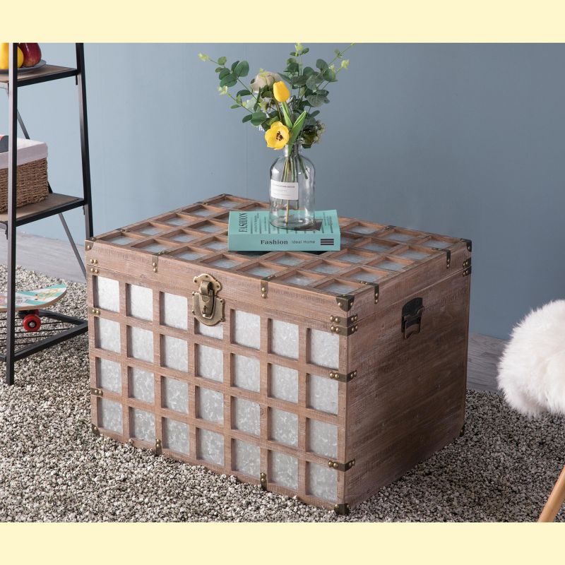 Vintiquewise Vintorary Wooden Rectangle Galvanized Metal Lined Storage Trunk, Large