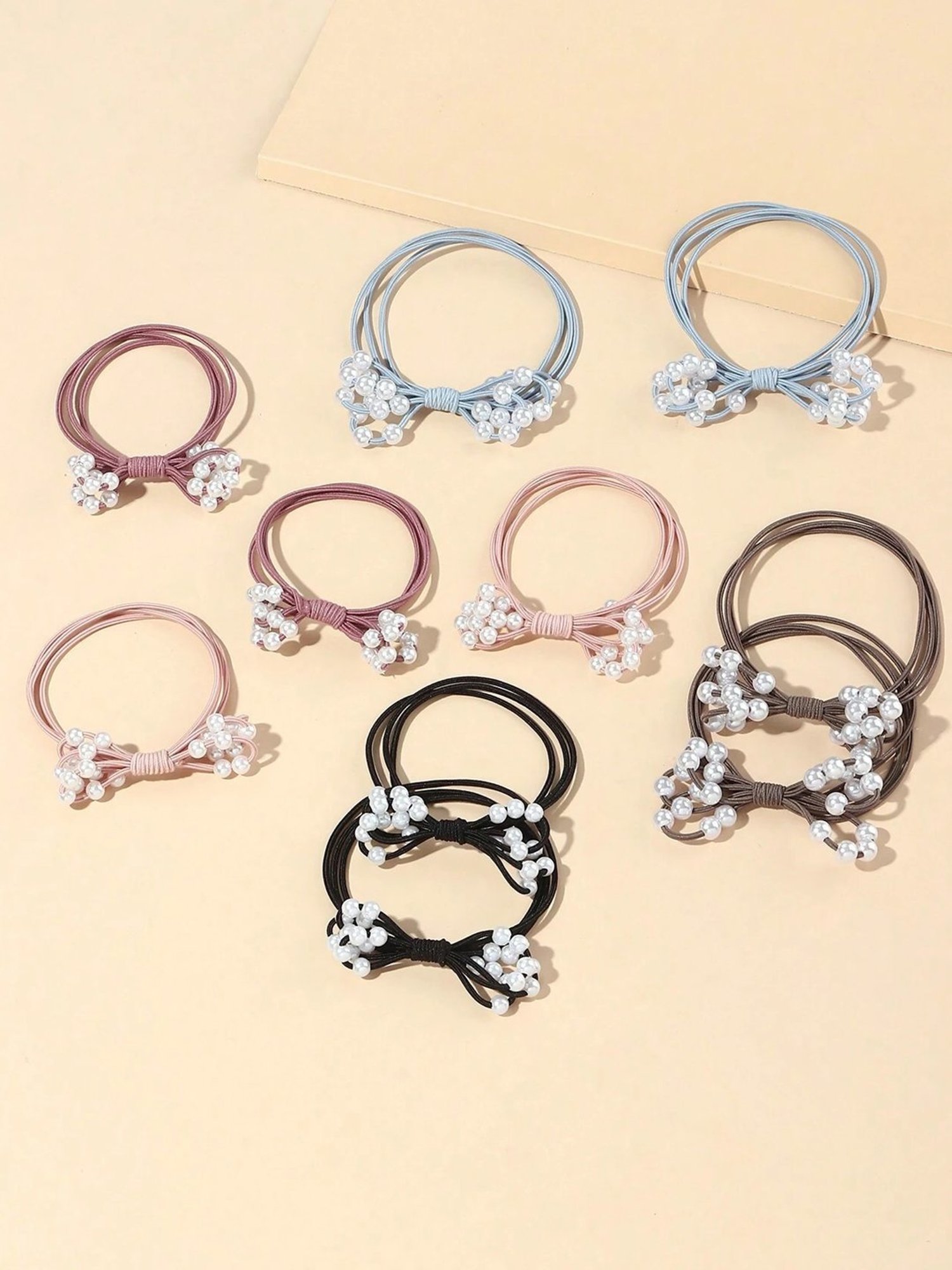OOMPH Combo of 10 Black Blue Pink Pearls Rubber Band Ponytail Holder Stylish Latest