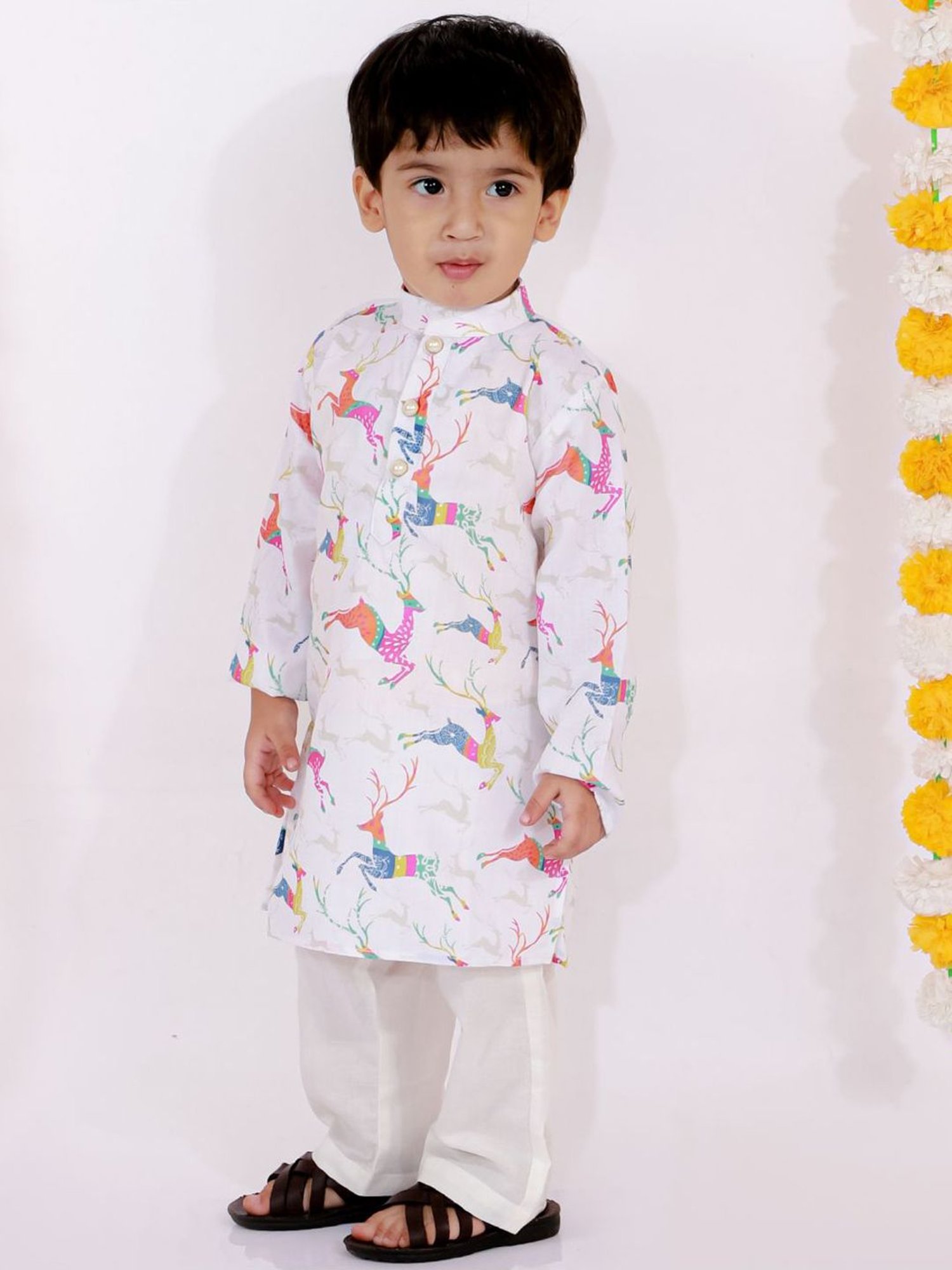 Little Bansi Kids White Cotton Printed Kurta Set
