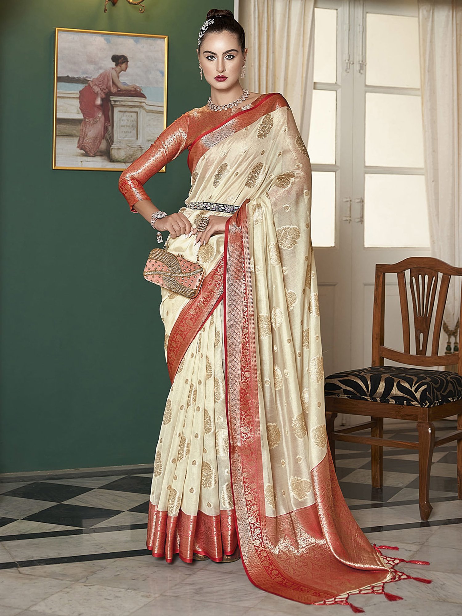 Elora Cream Silk Woven Saree With Unstitched Blouse