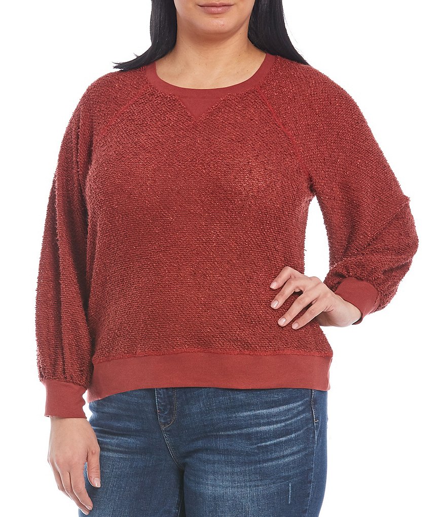 Democracy Plus Size Crew Neck Long Blouson Sleeve Novelty Knit Sweatshirt