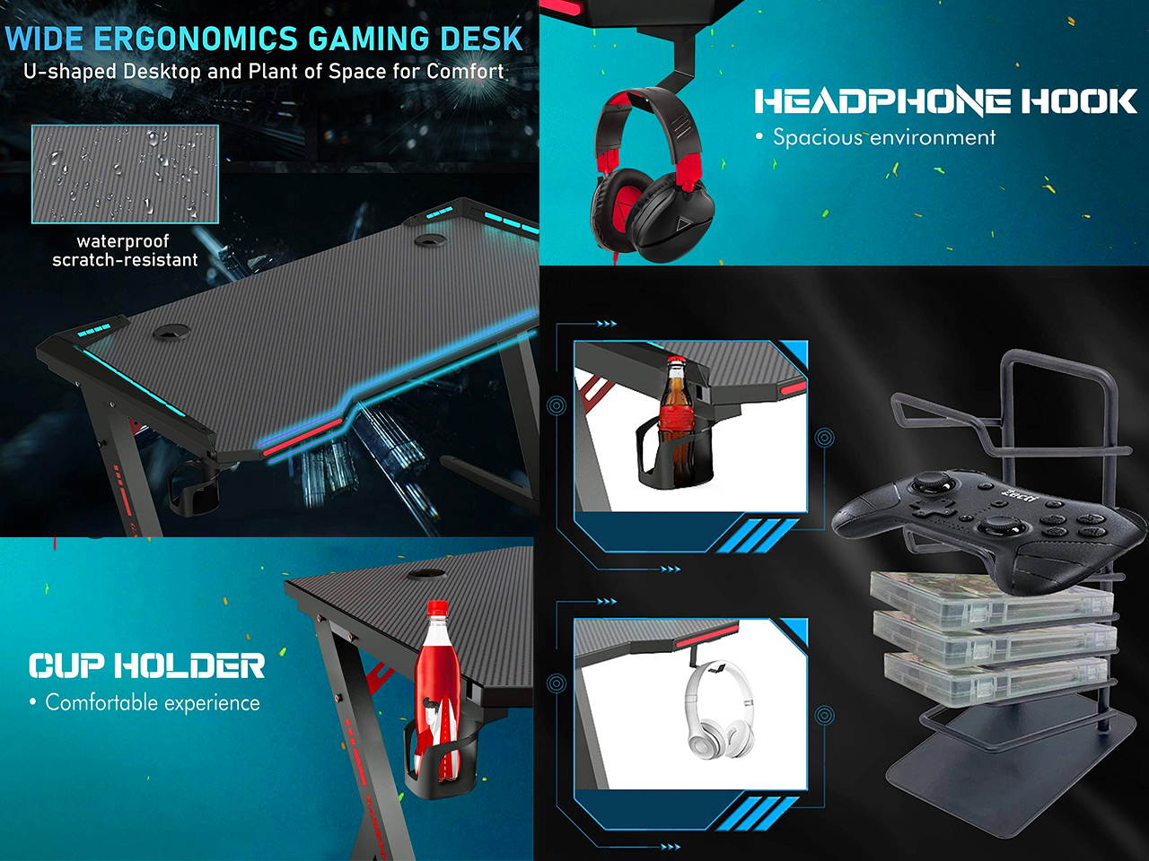 Gaming Desk, 55 Inch Gaming Table, PC Computer Workstation with LED RGB Lights, Headphone Hook and Cup Holder for Home, Black