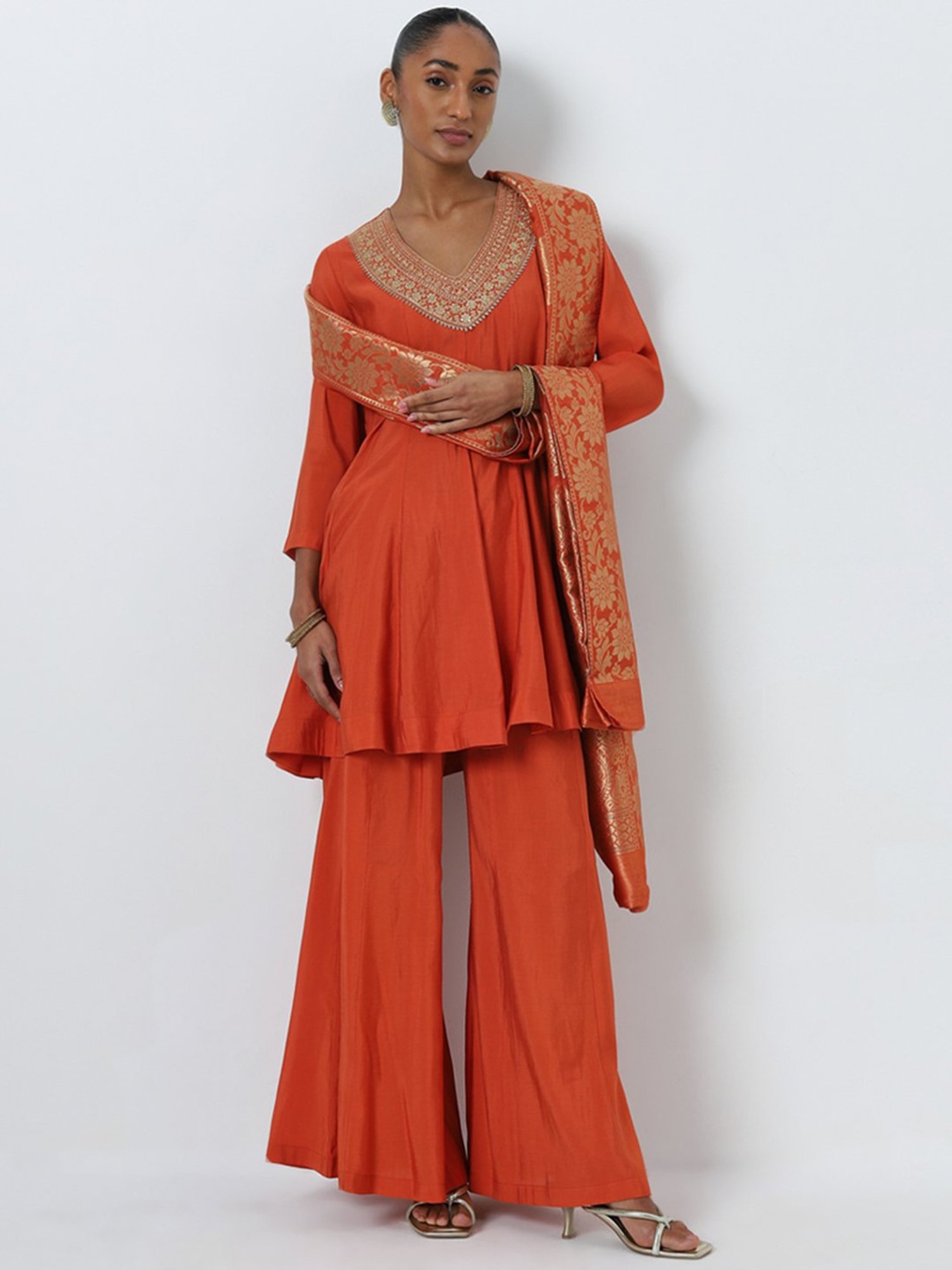 Vark by Westside Orange Embellished Kurti, Palazzos and Dupatta Set