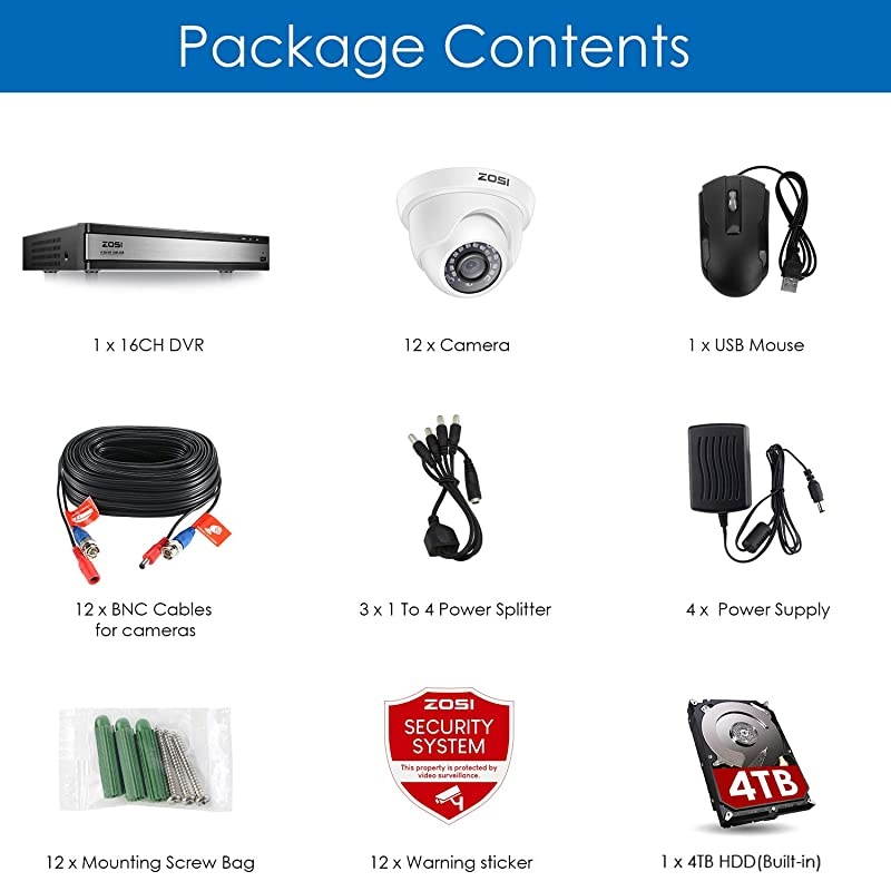 H.265+ 1080p 16 Channel Security Camera System,16 Channel CCTV DVR with Hard Drive 4TB and 12 x 1080p Indoor Outdoor Dome Camera, 80ft Night Vision, 105&deg; View Angle, Remote Control, Alert Push