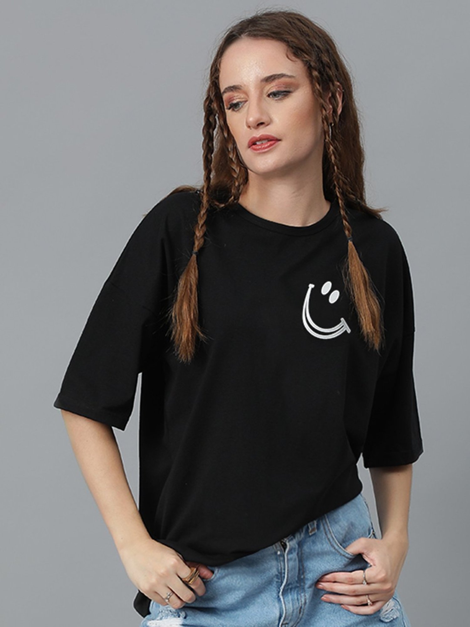Kotty Black Printed Oversized T-Shirt