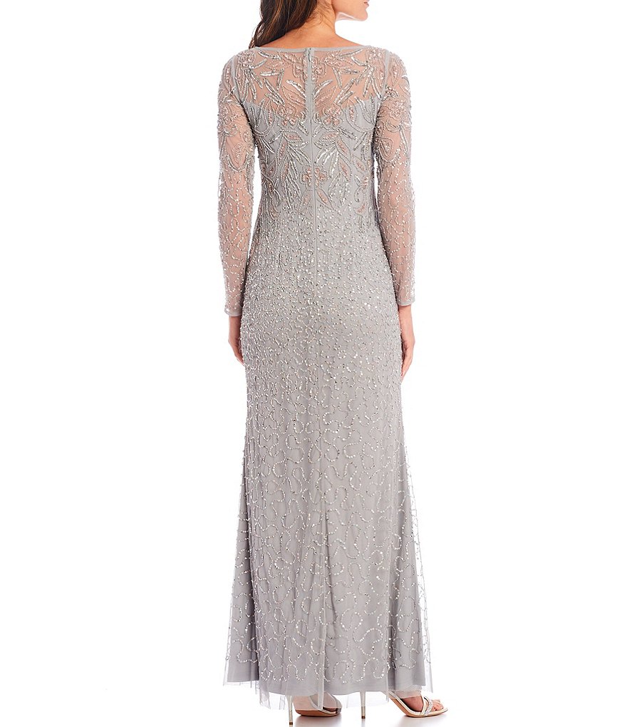 Kay Unger Long Bishop Sleeve V-Neck Crepe A-Line Dress