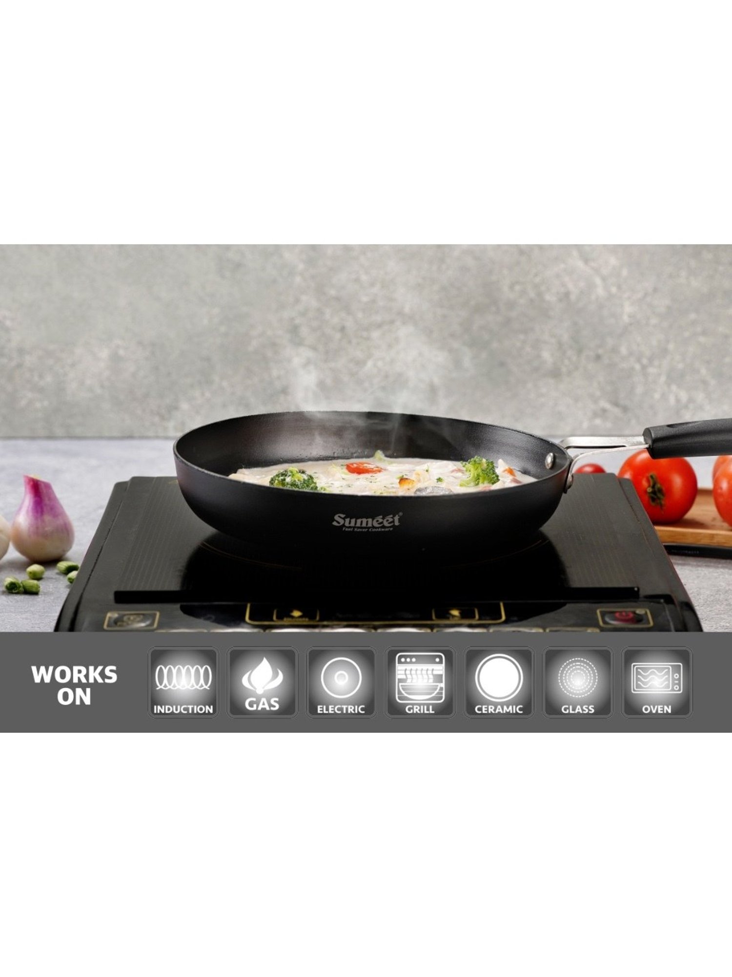 Sumeet Pre Seasoned Carbon Steel (Iron) Fry Pan for Frying |22.3cm|1500ml, Gas & Induction-Friendly