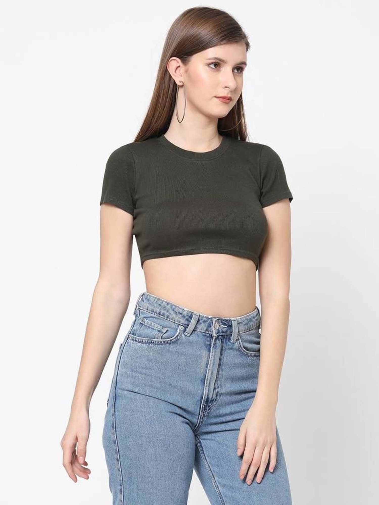 VASTRADO Olive Green Cotton Crop Top