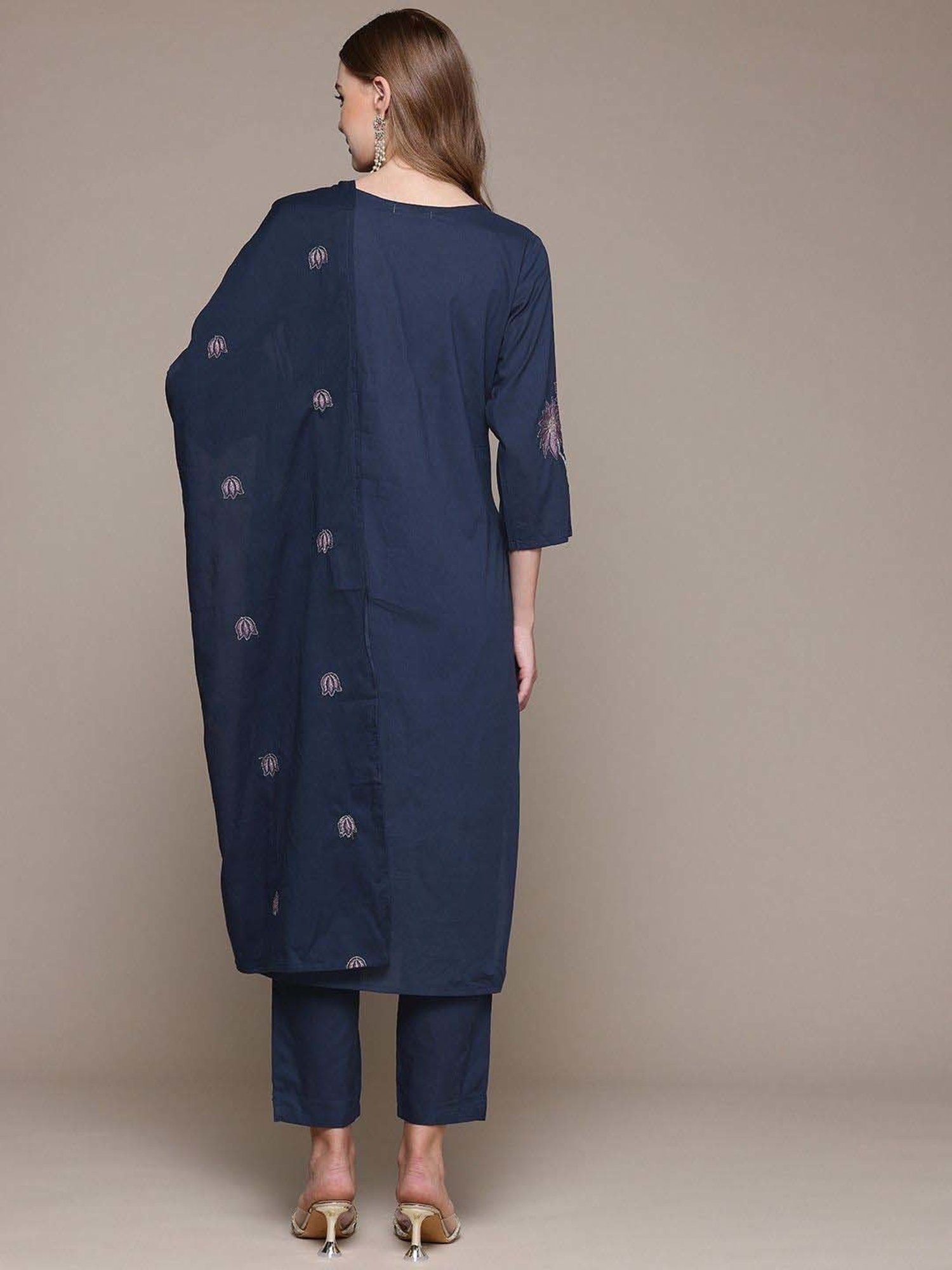 READIPRINT FASHIONS Blue Cotton Embroidered Kurta Pant Set With Dupatta