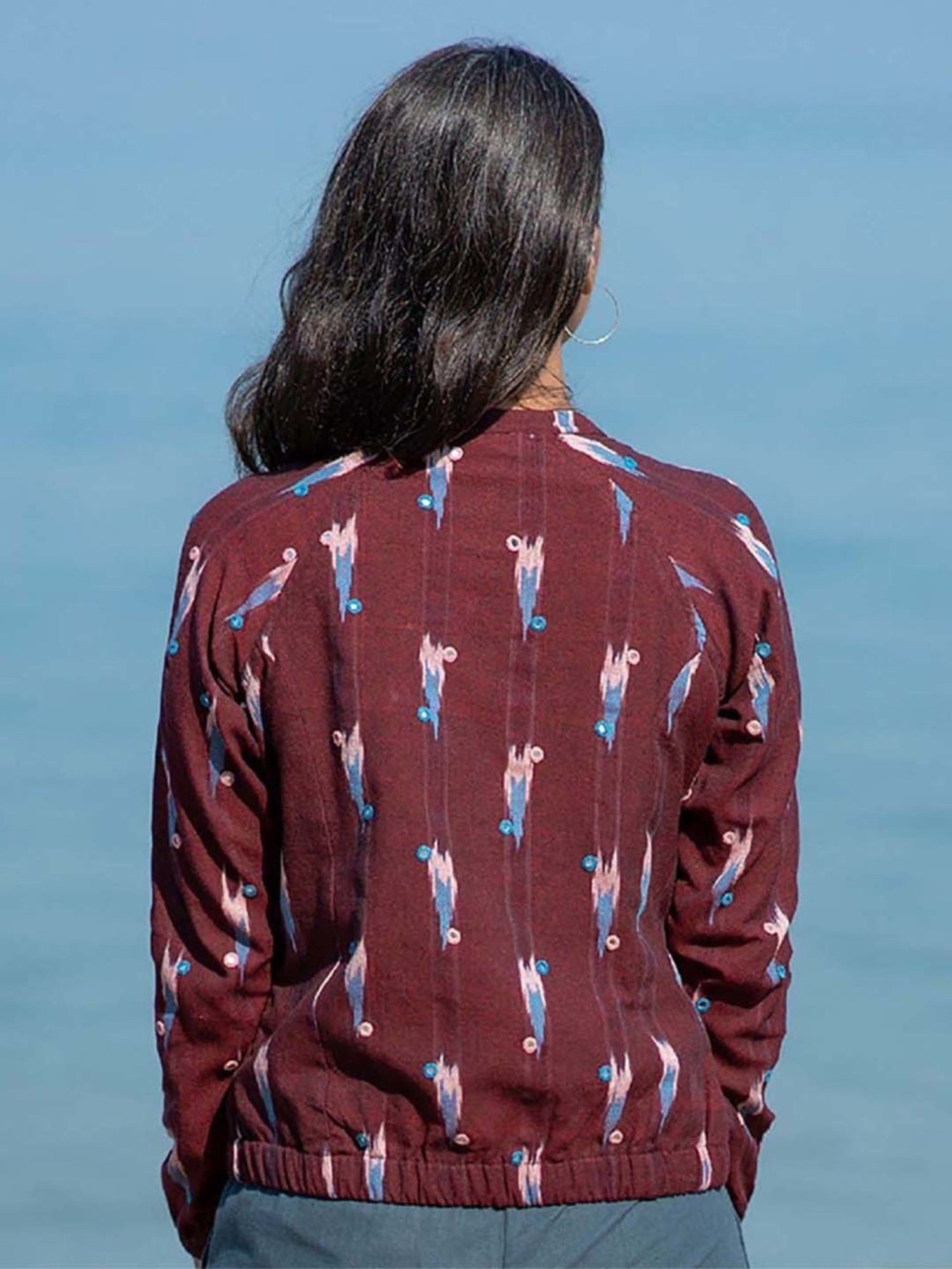 Okhai Mahogany Maroon Pure Cotton Hand Embroidered Bomber Jacket