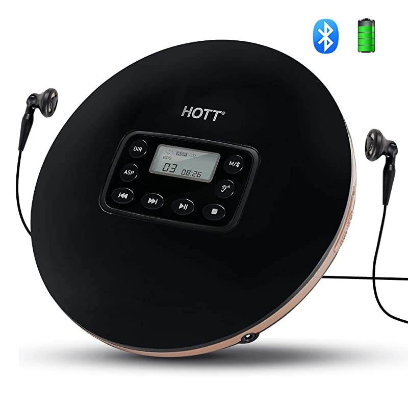 CD711T Bluetooth Rechargeable Portable CD Player for Home Travel and Car with Stereo Headphones and, Anti Shock Protection-Black