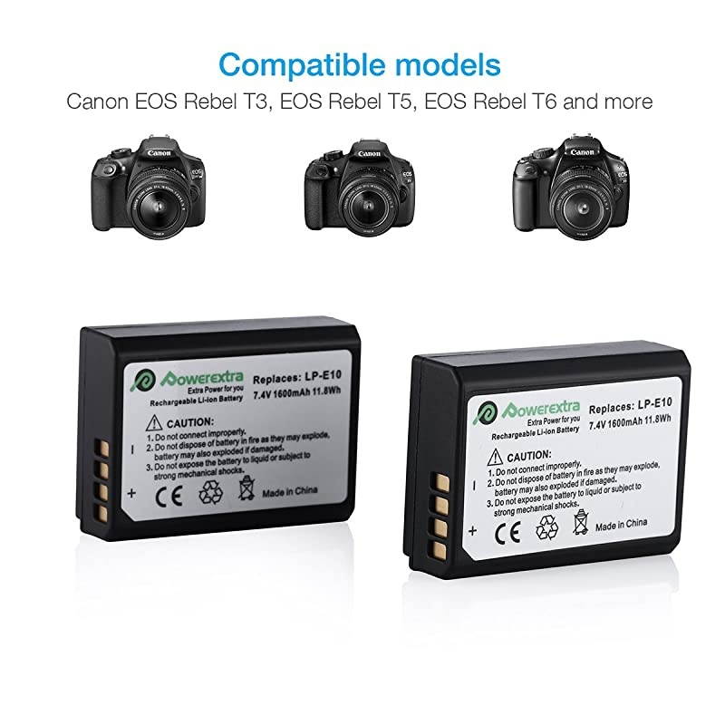 2 Pack LPE10 Batteries and Charger Replacement for Canon EOS Rebel T3 T5 T6 T7 Kiss X50 Kiss X70 EOS 1100D EOS 1200D EOS 1300D EOS 2000D EOS 1500D Digital Cameras