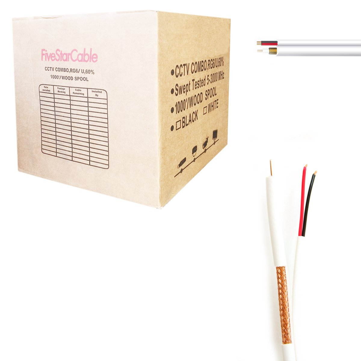 FiveStarCable RG59 UL Listed Siamese 1000 ft. Coaxial CCTV Cable - Combo Solid 20 AWG RG59 + 18/2 18AWG Power