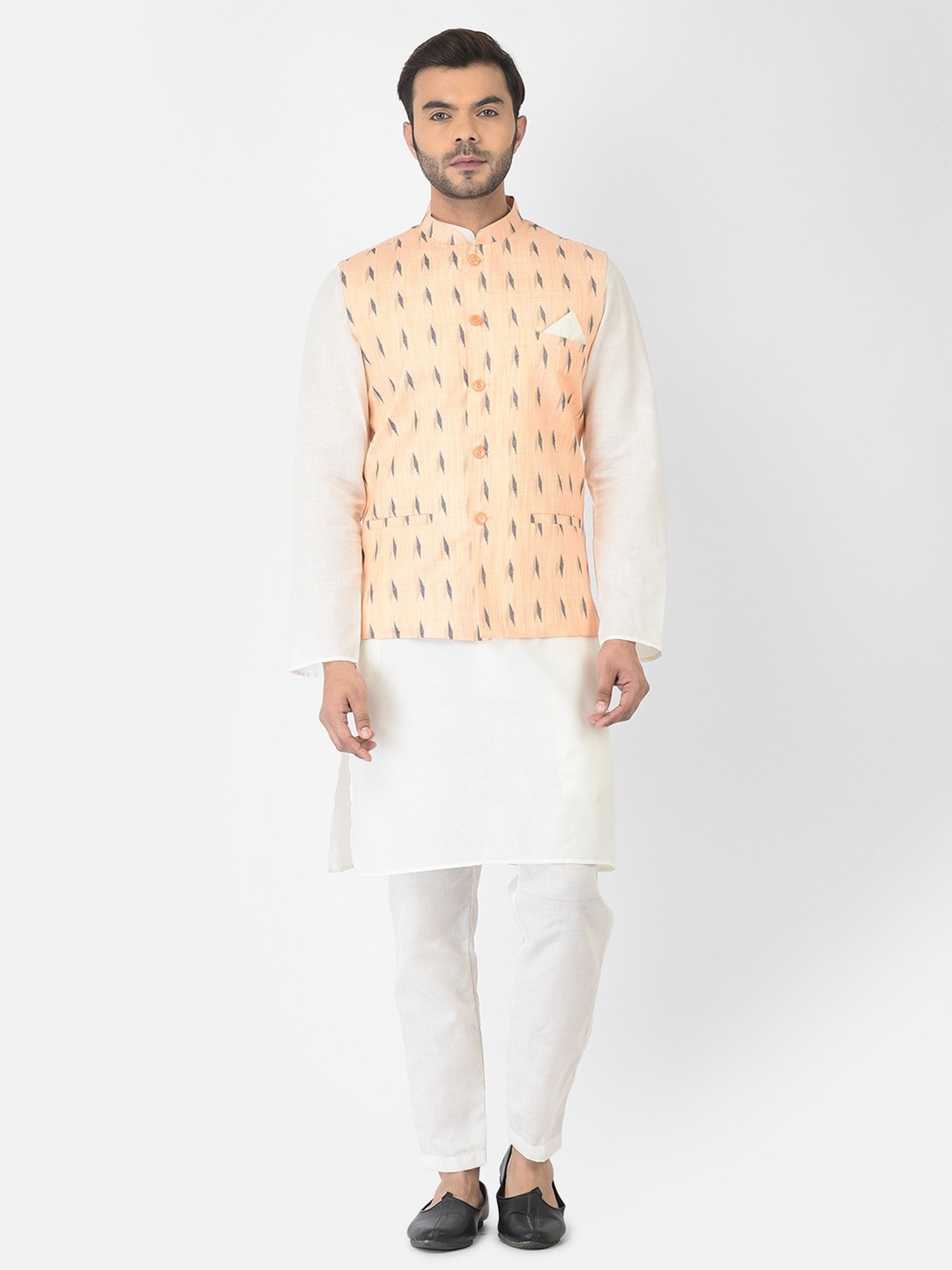 Deyann White & Orange Cotton Regular Fit Printed Kurta Set With Jacket