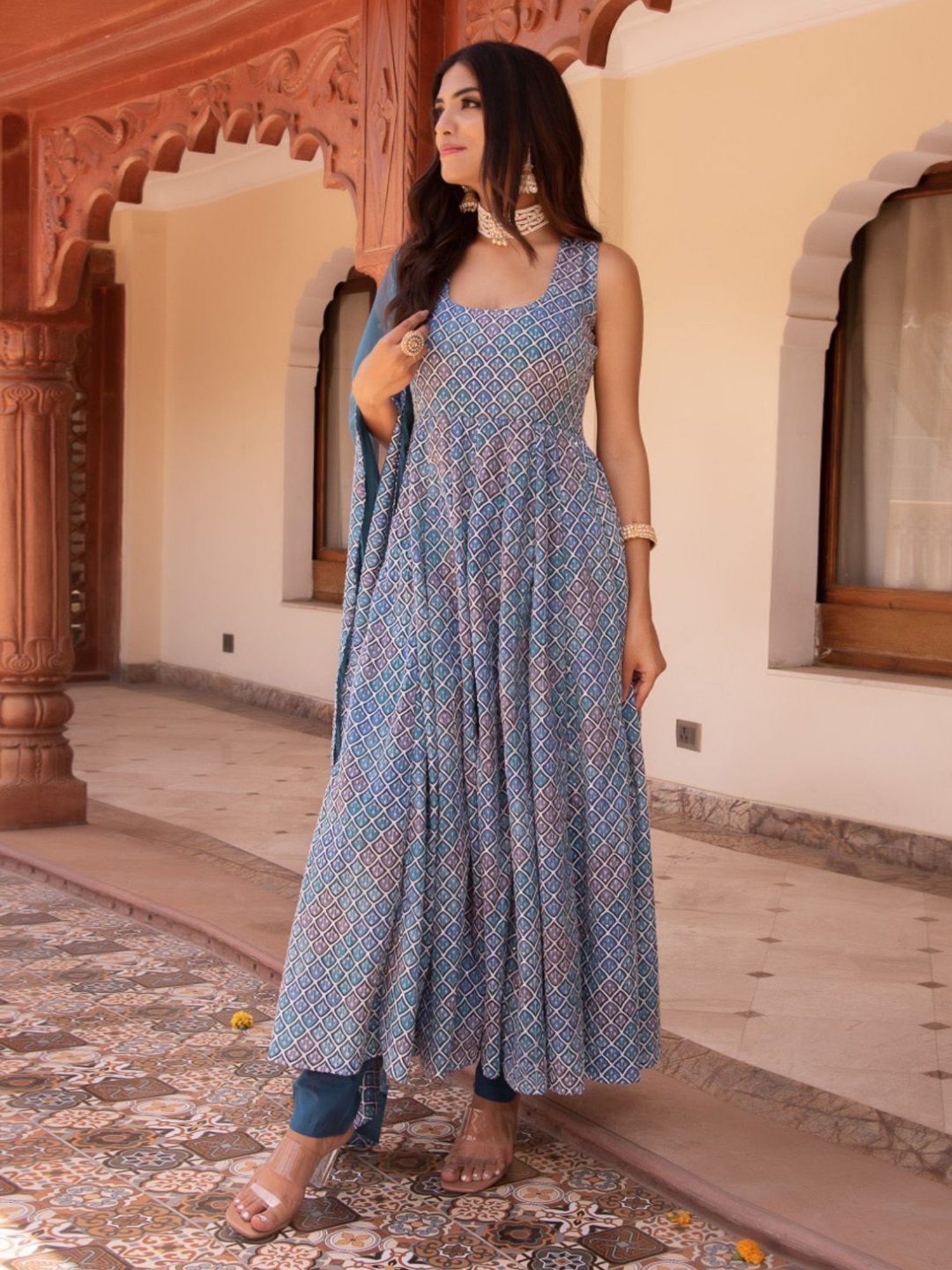 Calmna Blue and Grey Embroided Anarkali Suit Set