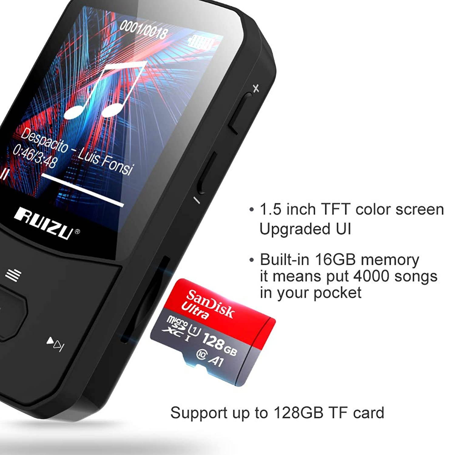 Clip Mp3 Player with Bluetooth 4.1, 8GB Lossless Sound Music Player with FM Radio Voice Recorder Video Earphones for Running, Support up to 128GB(Black)