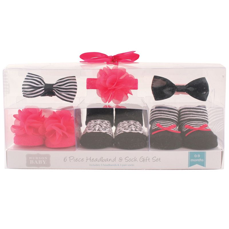 Hudson Baby Infant Girl Headband and Socks Giftset 6pc, Damask, One Size