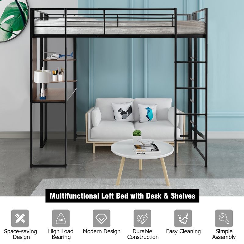 Costway Twin Size Metal Loft Bunk Bed Space-Saving Workstation Loft Bed w/ Bookcase