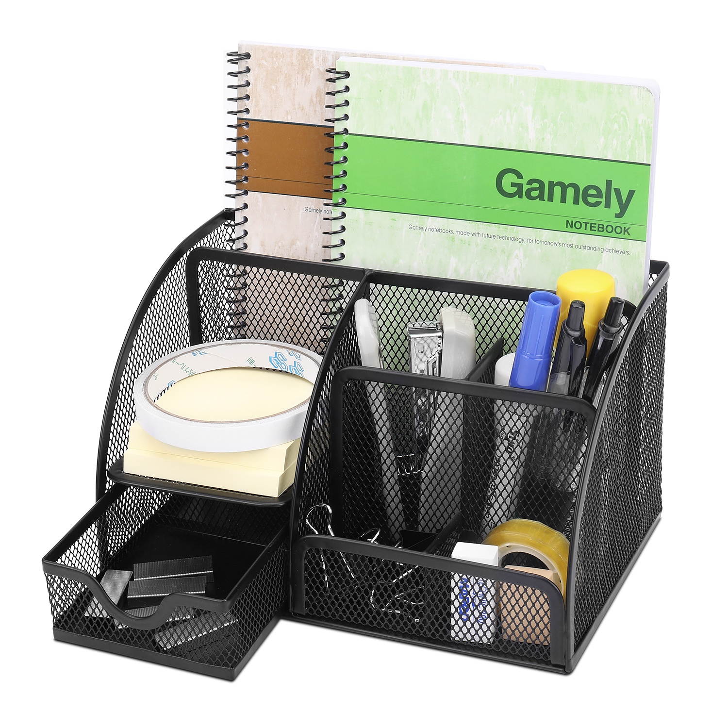 Desk Organizer Office Supplies Accessories Desktop Tabletop Sorter Shelf Pencil Holder Caddy Set - Metal Mesh with Drawer and 6 Compartments (Black)