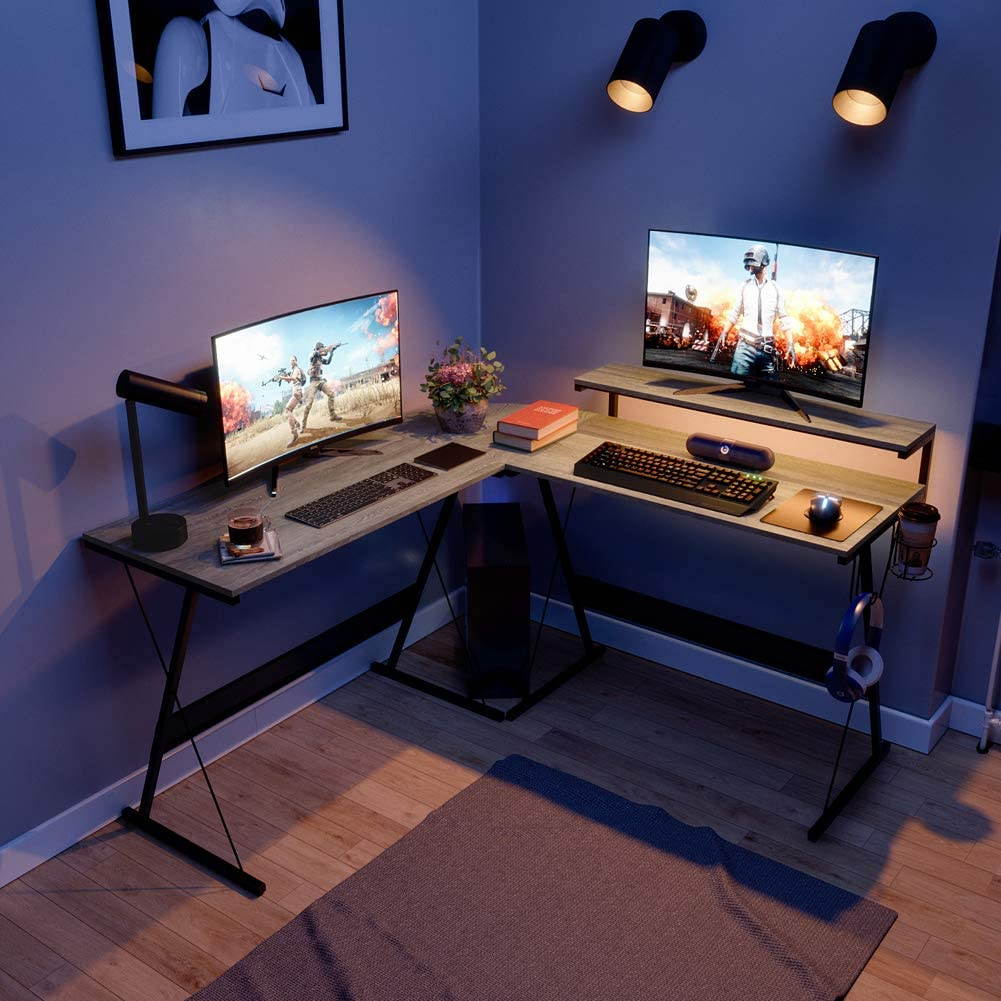 Bestier 55.2" Gaming Desk Racing Style PC Computer Desk L-Shaped Desk Corner Home Office Table with Ergonomic Monitor Stand & RGB Strip Light & Multifunctional Hook (Black Carbon Fiber)