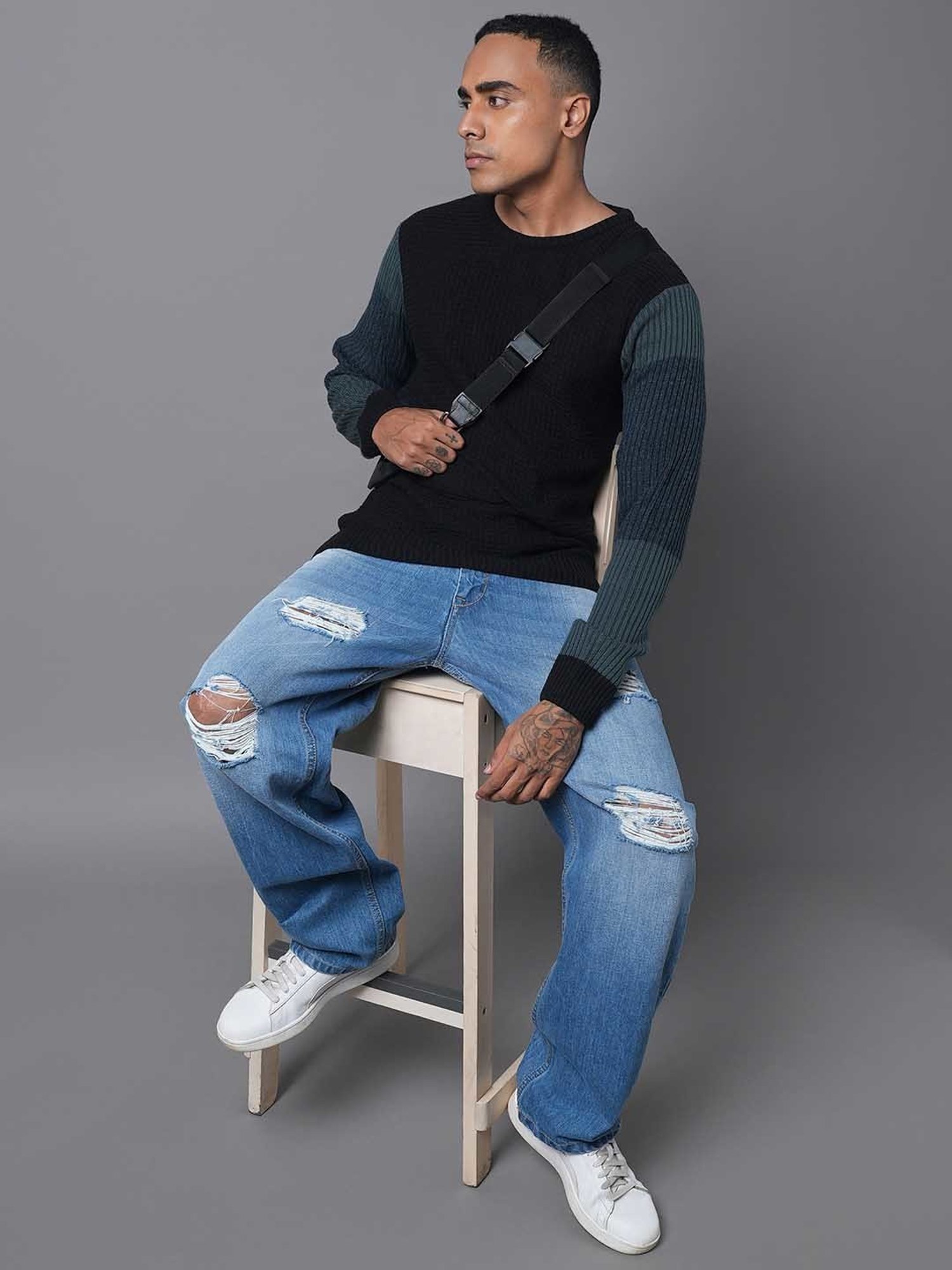 High Star Teal & Black Regular Fit Sweater