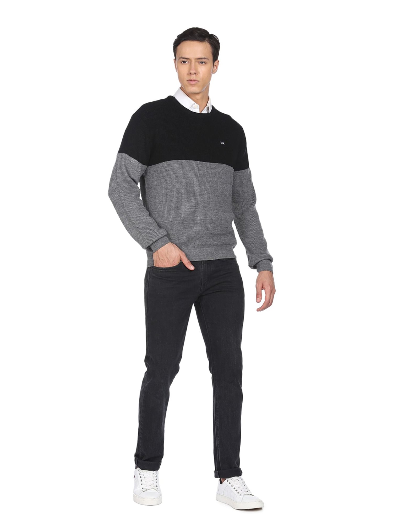 Arrow Sport Black & Grey Regular Fit Colour Block Sweater