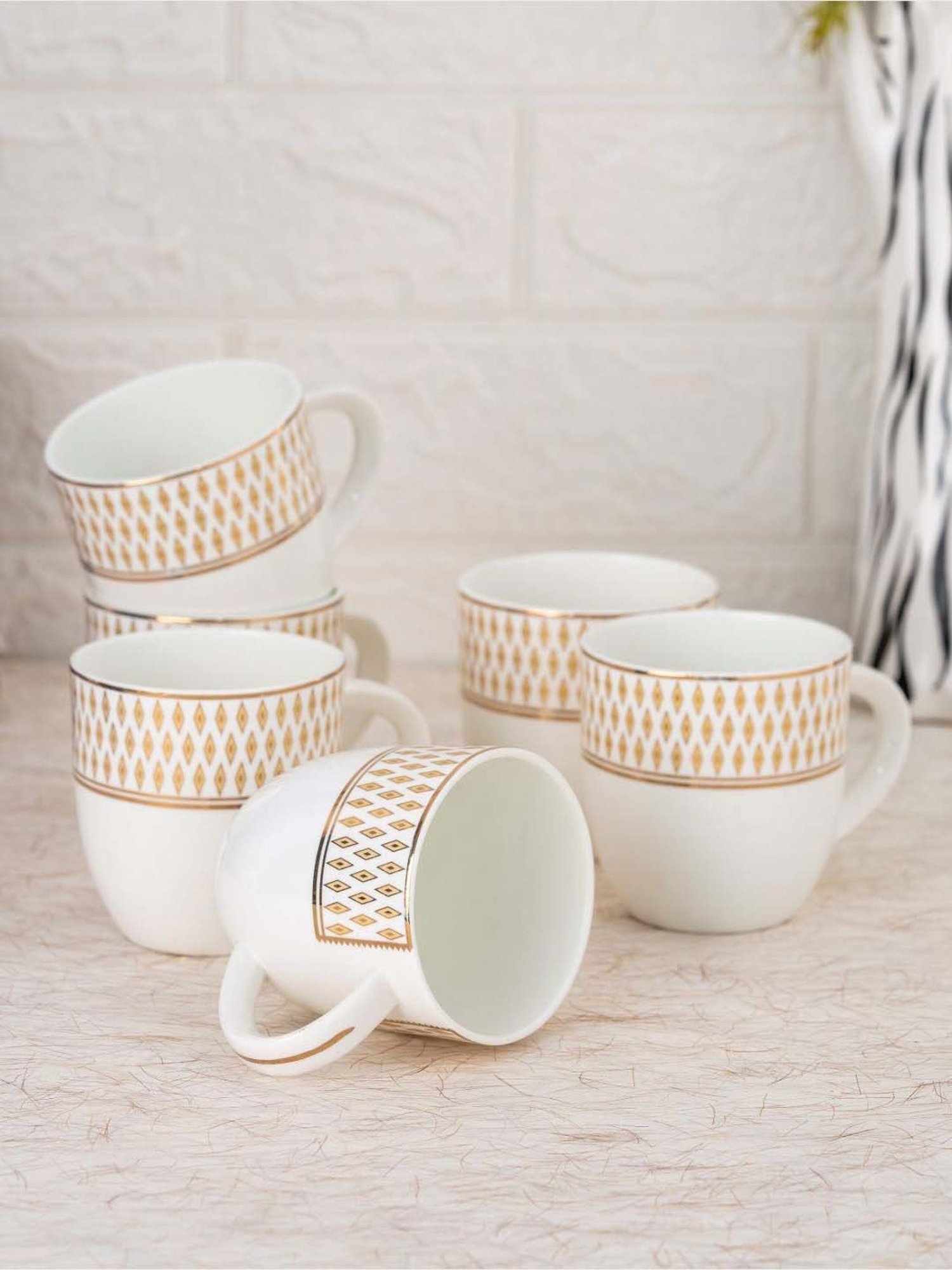 JCPL White & Beige Ceramic Coffee Mug (0.18 L) - Set of 6