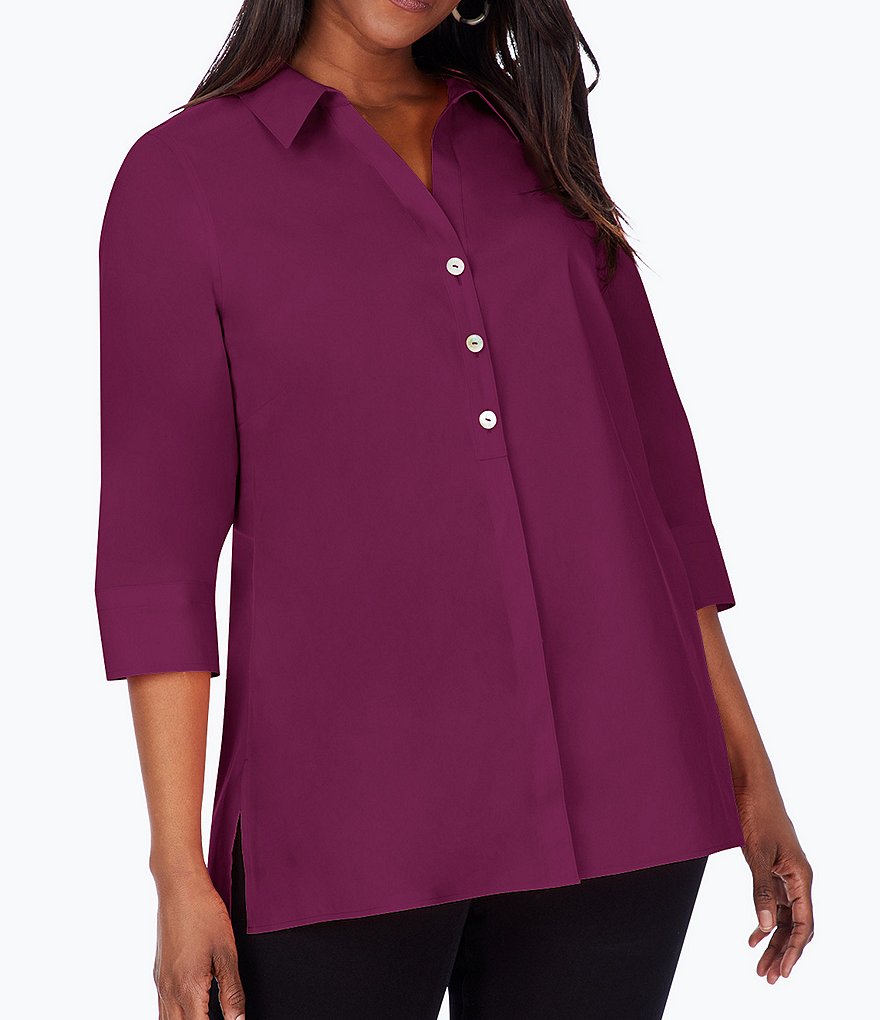 Foxcroft Plus Size Pamela Point Collar Neck 3/4 Sleeve Button Back Shaped Tunic