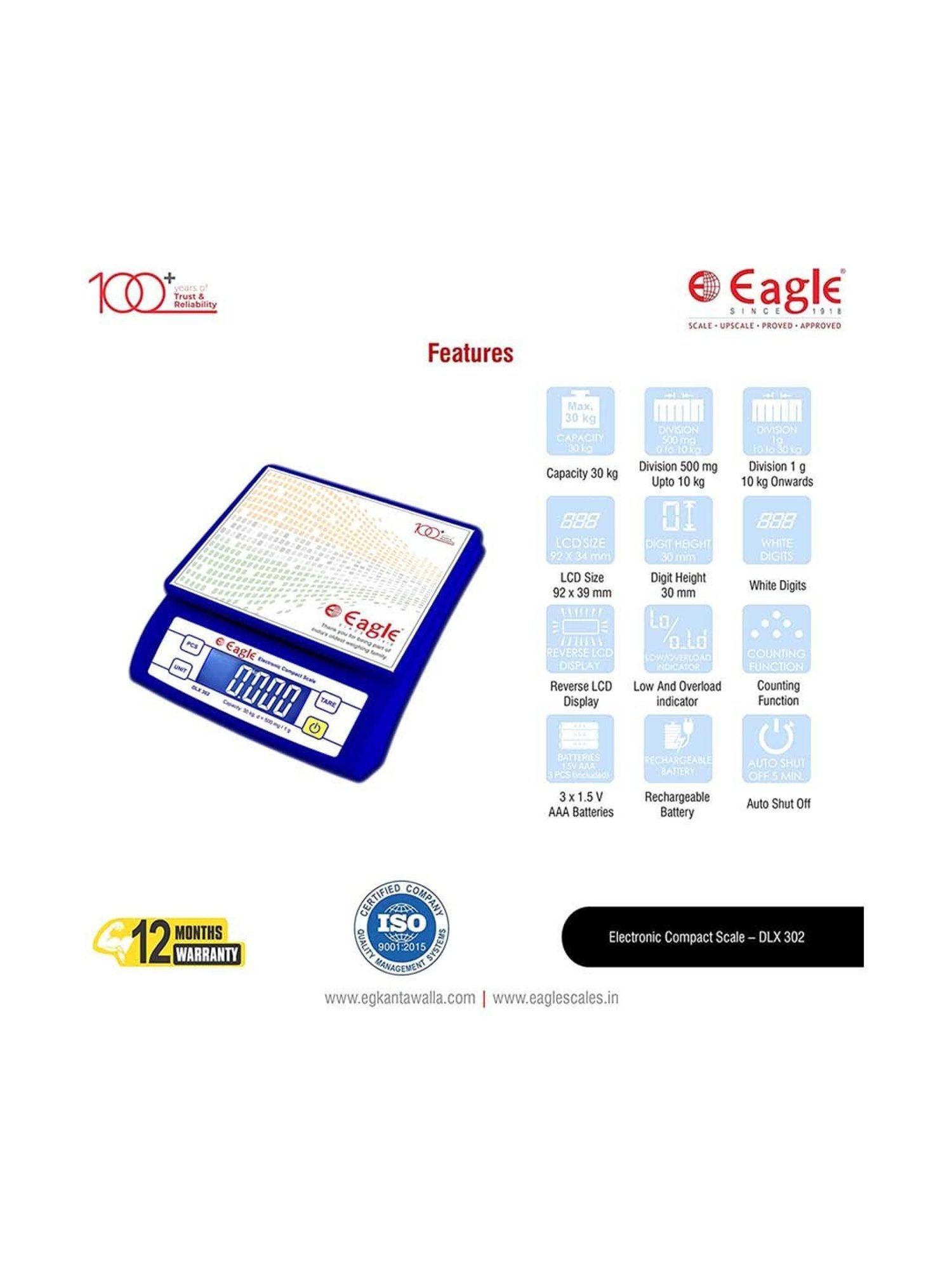 Eagle DLX-302 Digital Weight Machine Kitchen 30 kg Capacity,Accuracy 0.5 g/1g,Kitchen Weighing Scale