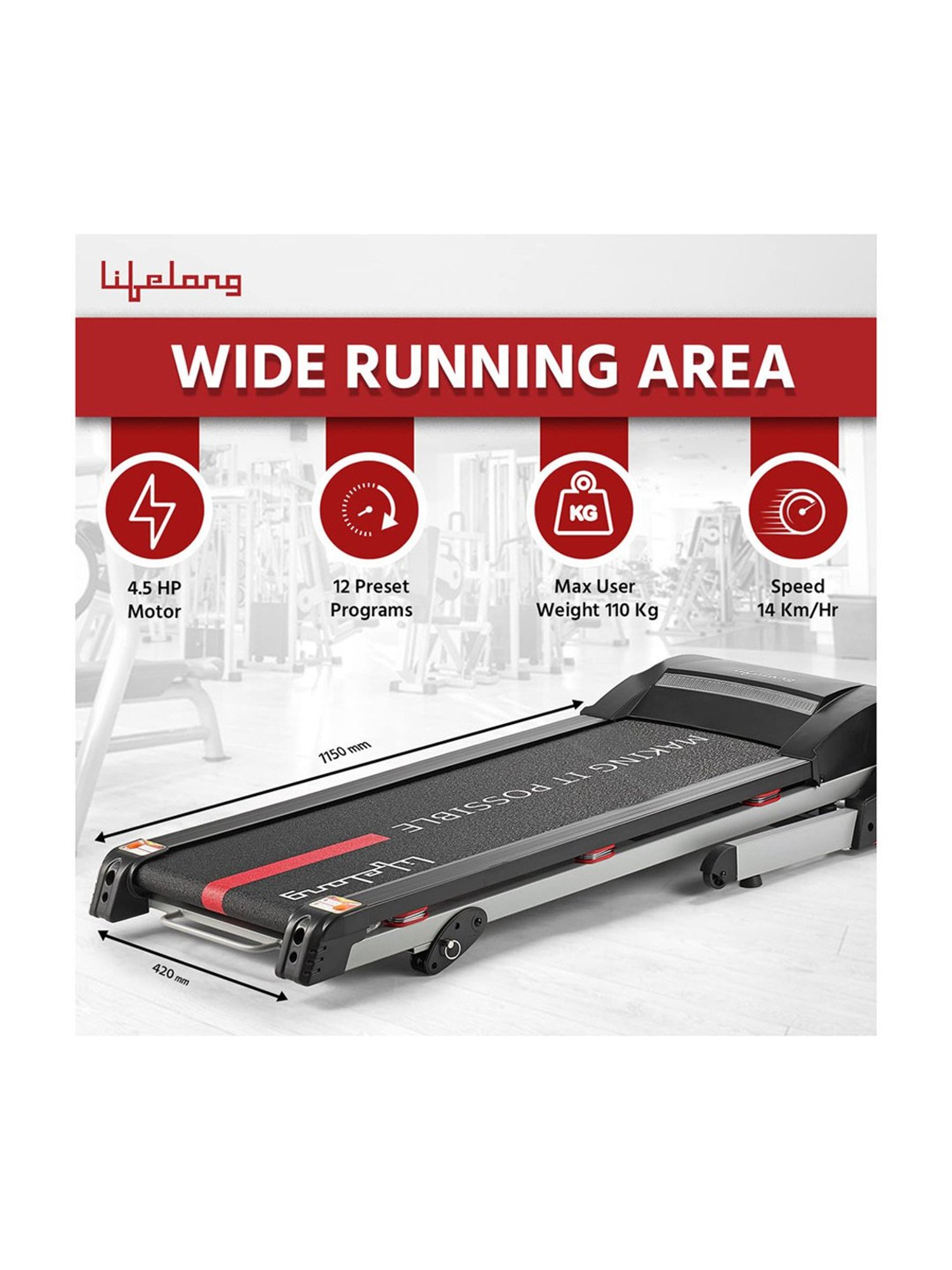 Lifelong Fit Pro 4.5 HP Peak Motorised Treadmill (Black) Size - One Size