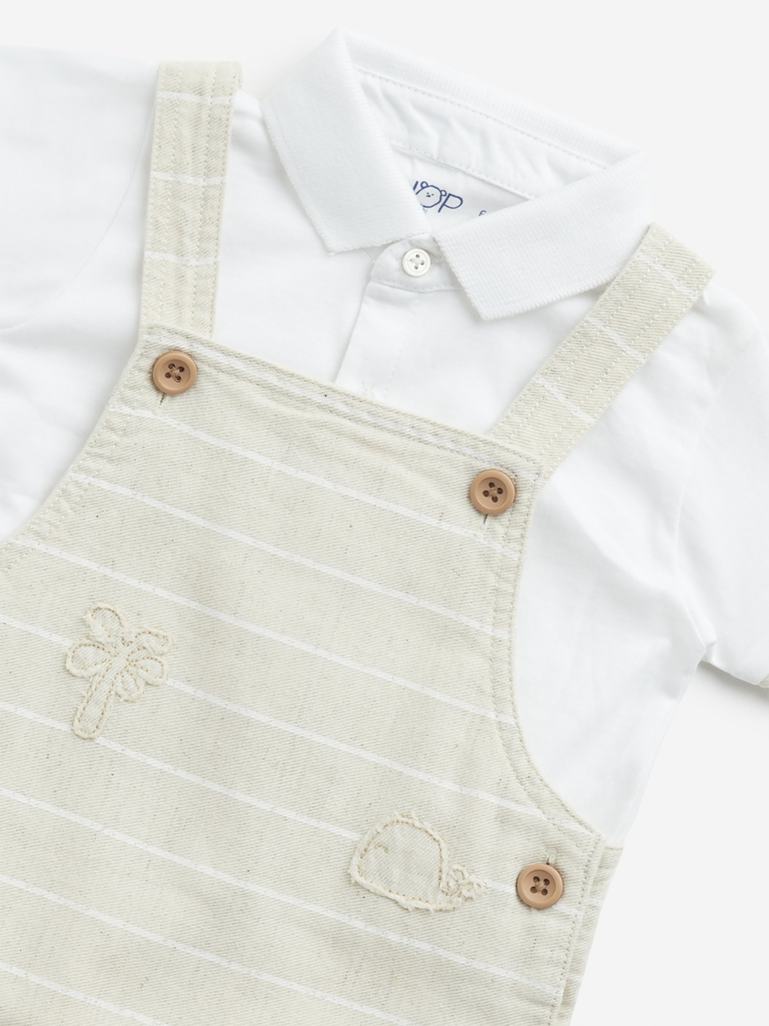 HOP Baby by Westside Beige Pinstriped Dungaree with T-Shirt Set