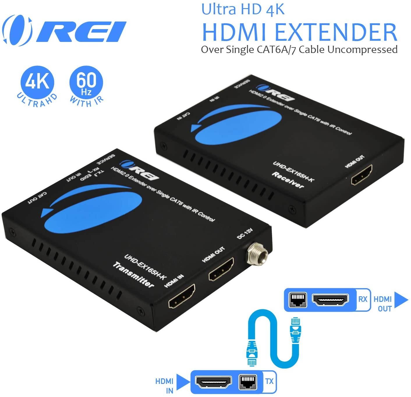 Orei HDMI Extender UltraHD Over Single Cat6/Cat7 Cable 4K @ 60Hz with HDR & IR Control - Up to 165 ft EDID Management