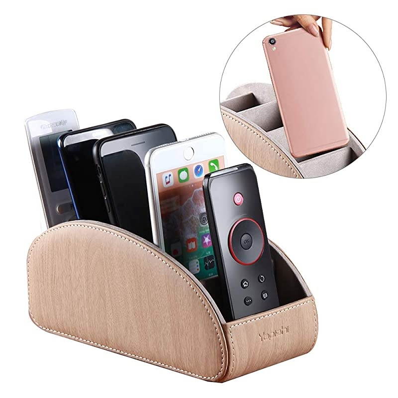 Leather TV Remote Control Holder with 5 Compartments Nightstand Desktop Air Conditioner Media Player Remote Caddy Storage Box Organizer Tray For Makeup Brush Pen Stationary Table Controller