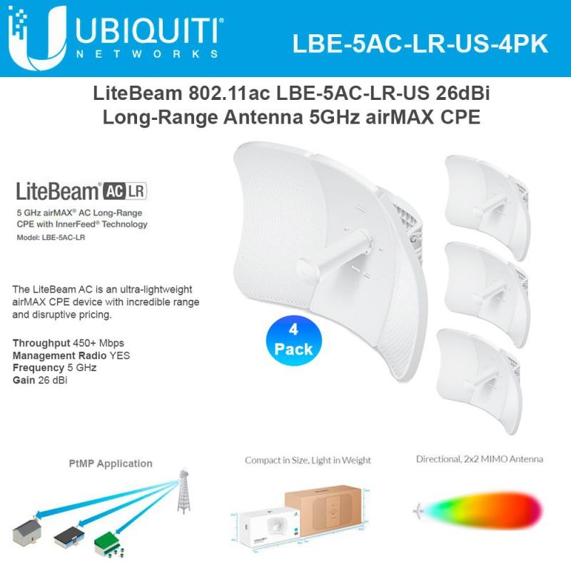 Ubiquiti Networks LiteBeam AC LR LBE-5AC-LR-US 26 dBi 5 GHz airMAX AC Long-Range CPE with InnerFeed Technology (4-Pack)