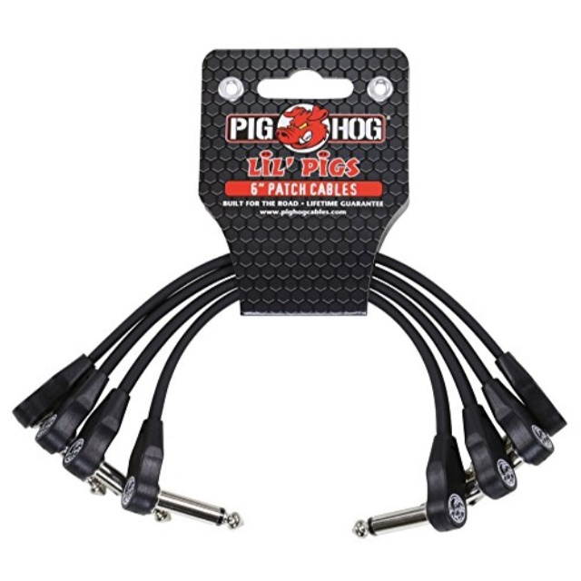 pig hog phlsk6bk lil' pigs low profile rightangle 1/4" black instrument patch cables, 6" 4 pack