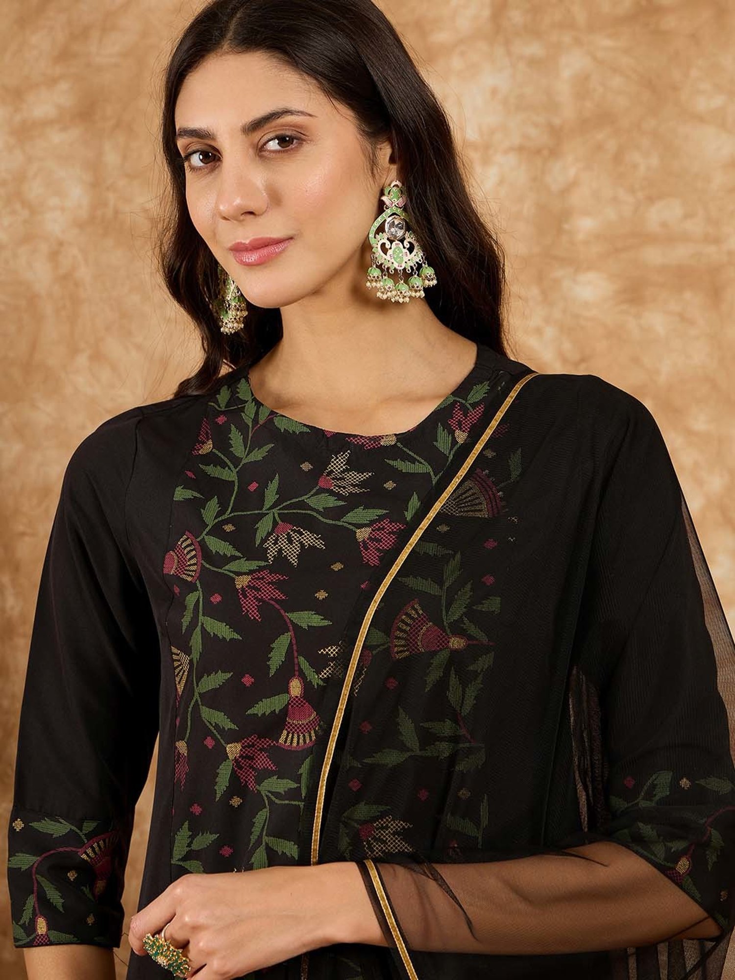 Ziyaa Black Printed Kurta With Pant & Dupatta