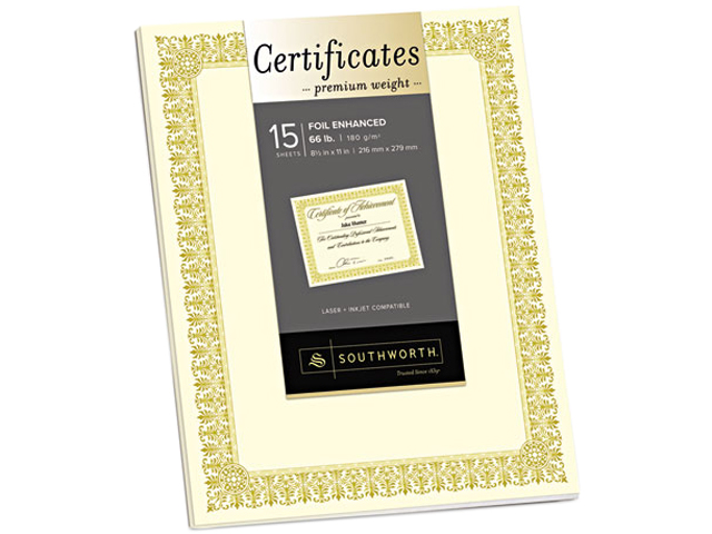 Southworth CTP1V Premium Certificates, Ivory , Fleur Gold Foil Border, 66 lb, 8.5 x 11, 15/Pack