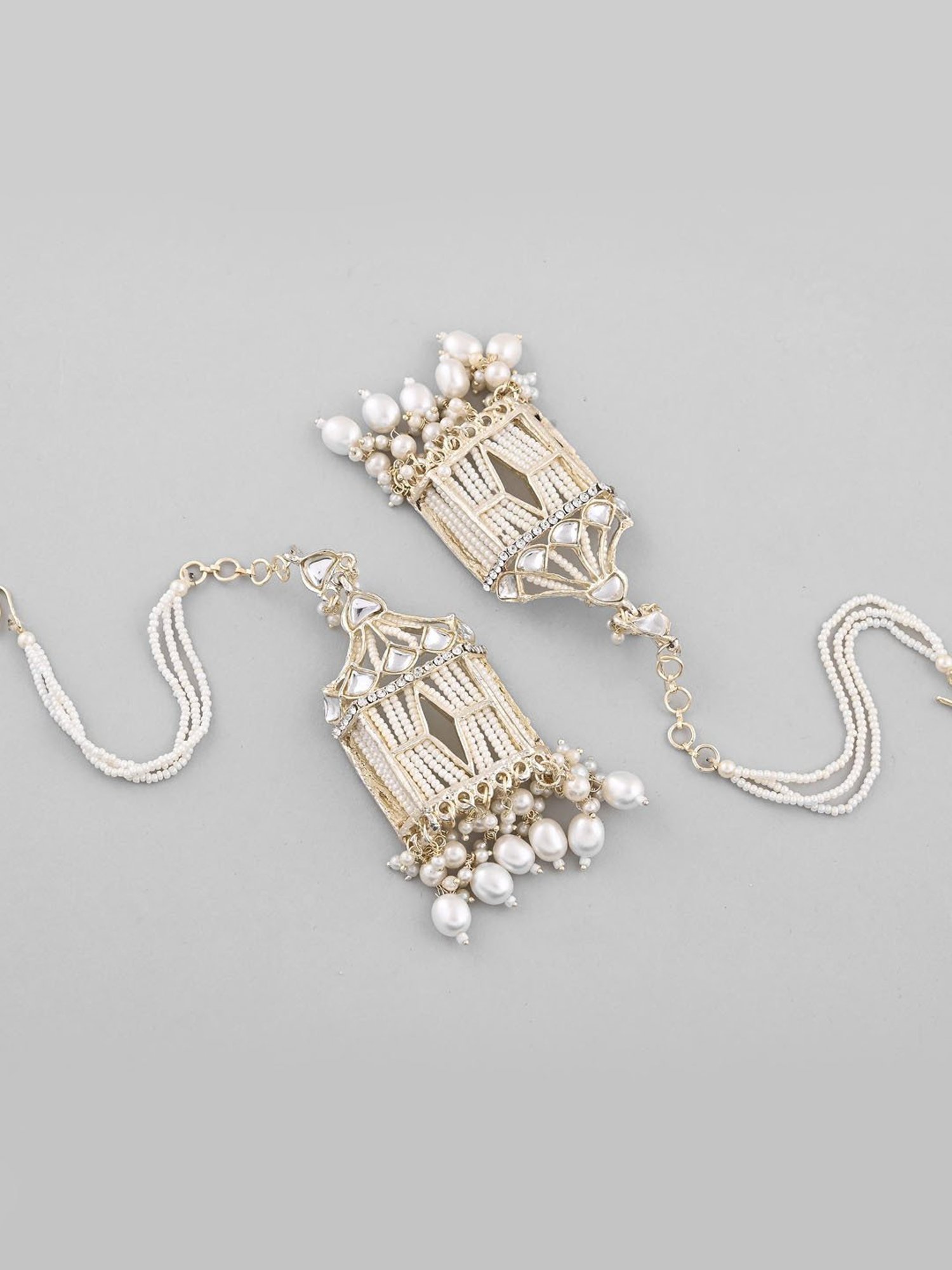 VOJ Gold Plated Handcrafted Pearls Beaded Chandbali Earrings with Kan Chain for Women