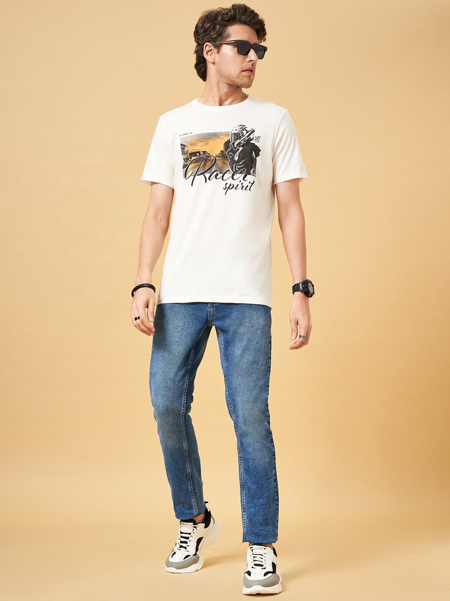 Sf Jeans By Pantaloons Beige Slim Fit Printed T-Shirt