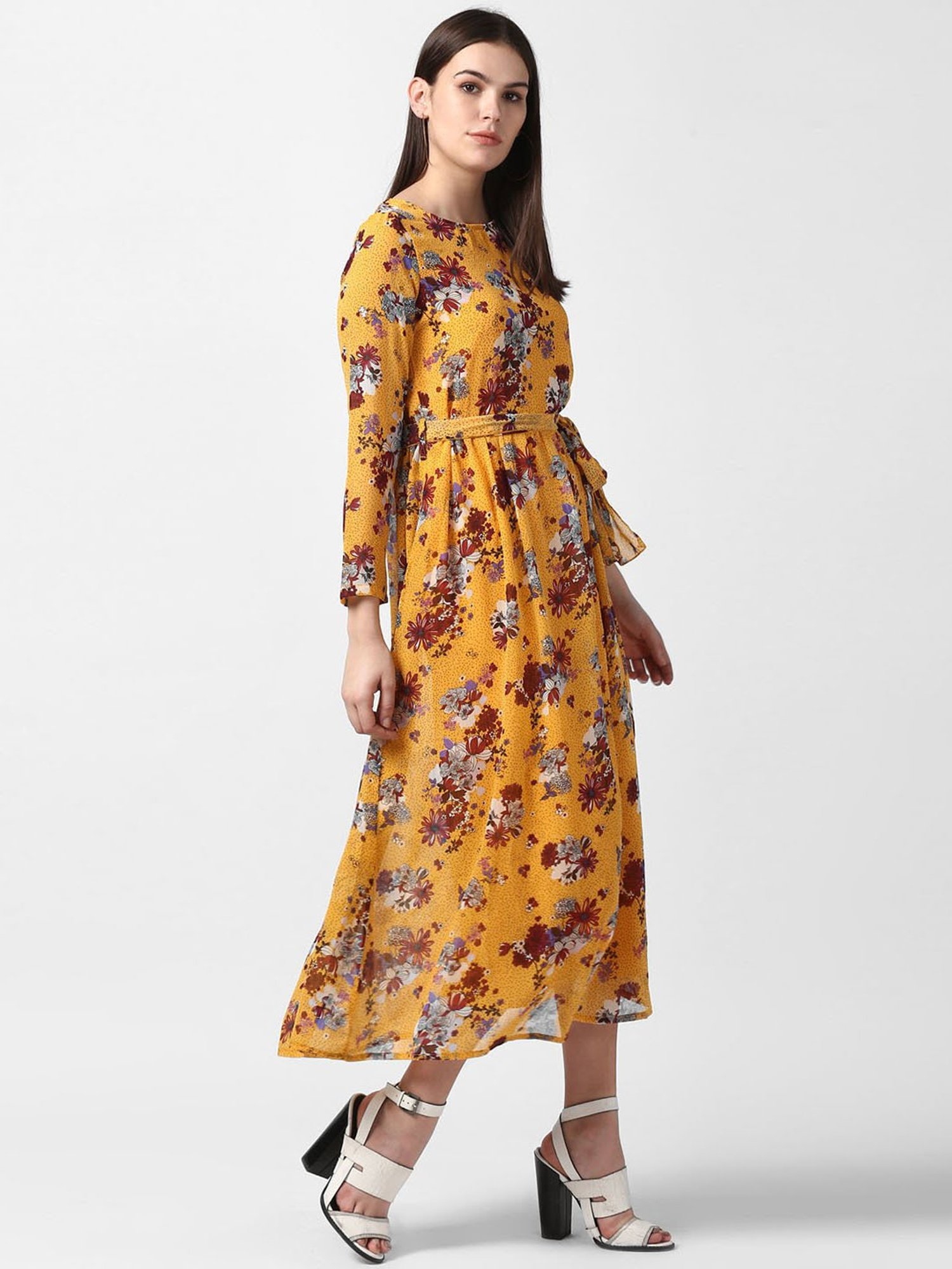 StyleStone Mustard Floral Print Midi Dress