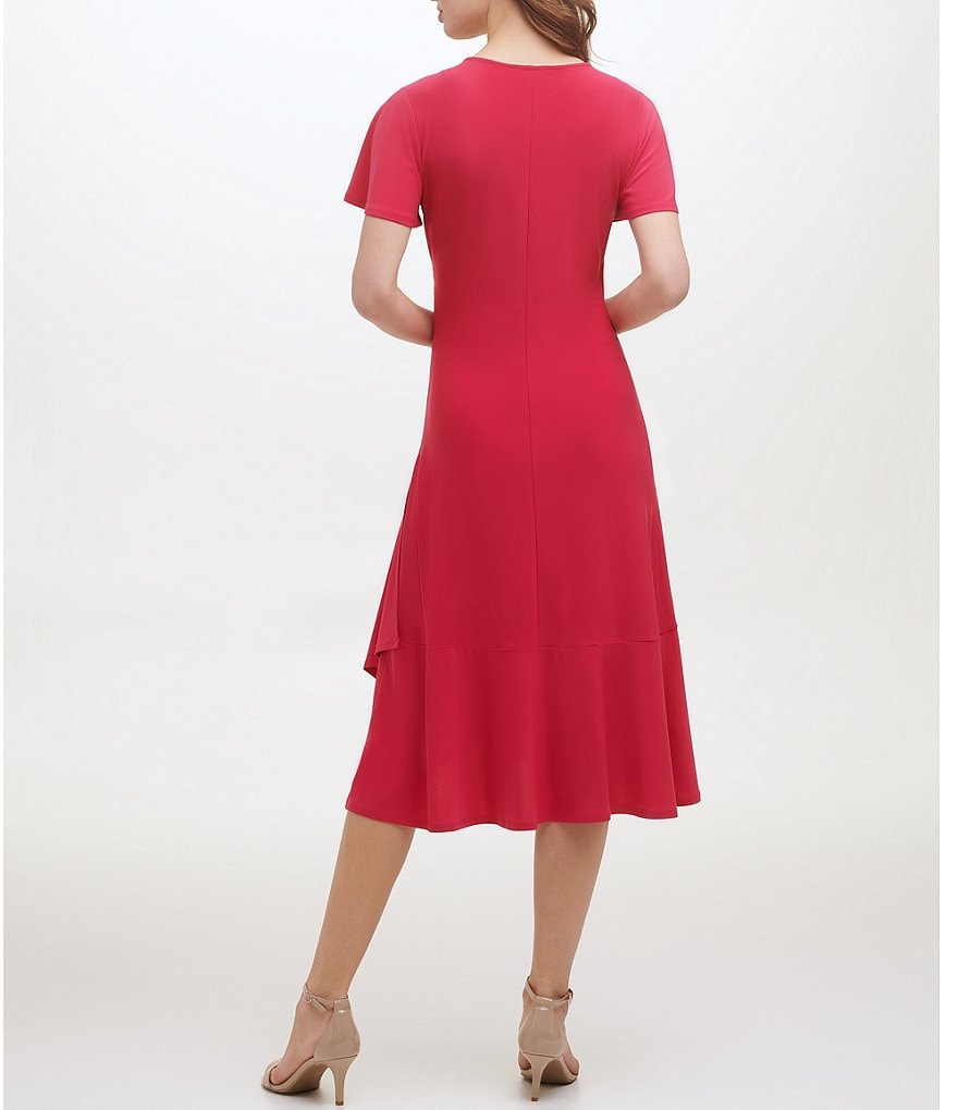 Kensie Ruched Waist Faux-Wrap V-Neck Short Flutter Sleeve Midi Dress