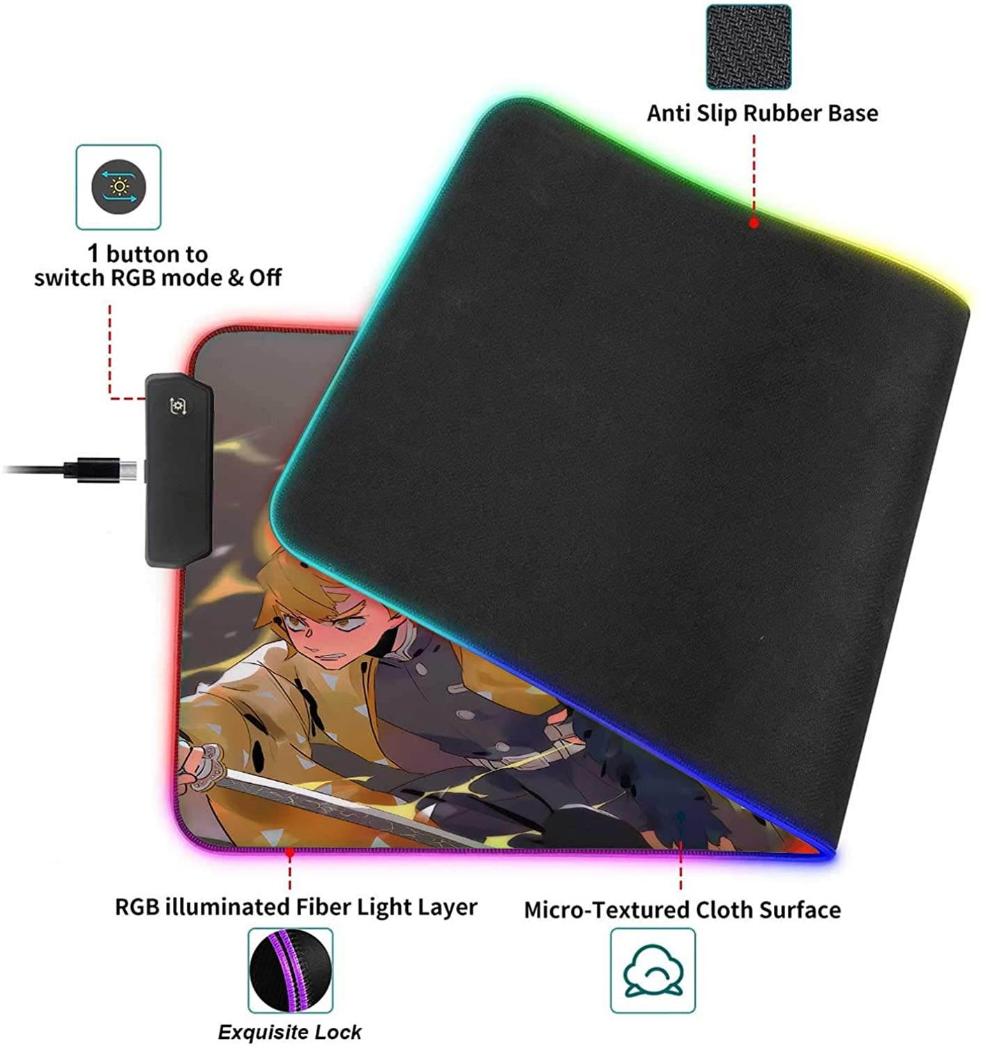 RGB Gaming Mouse Pad Anime Demon Slayer Kimetsu Tanjiro Inosuke Zenitsu,Laptop Desk Pad,Mousepad with Stitched Edge Frame & Non-Slip Rubber Base,Computer Keyboard and Mice Pads Mouse Mat 23.6X13.8
