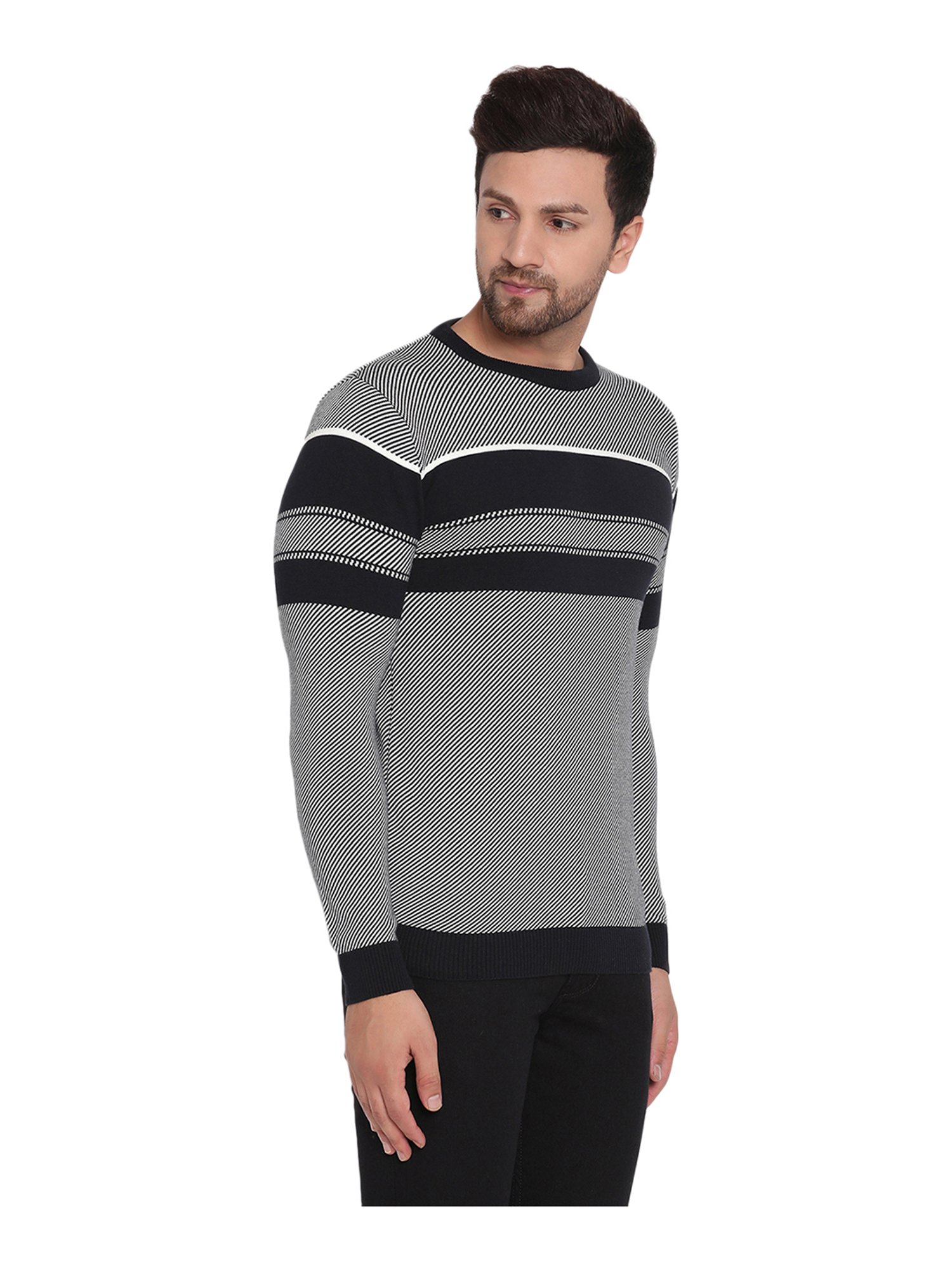 METTLE Navy Striped Round Neck Sweater