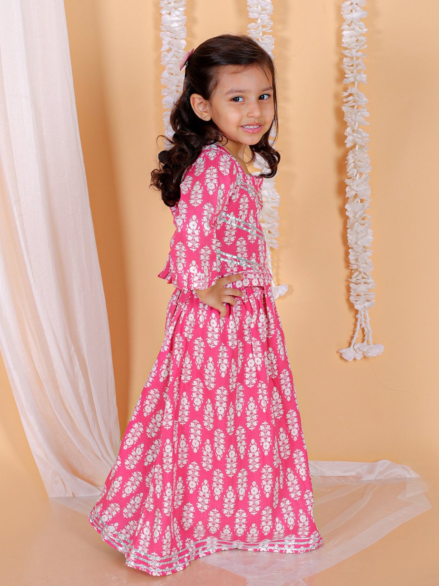 The Mom Store Kids Pink Floral Print Lehenga with Choli