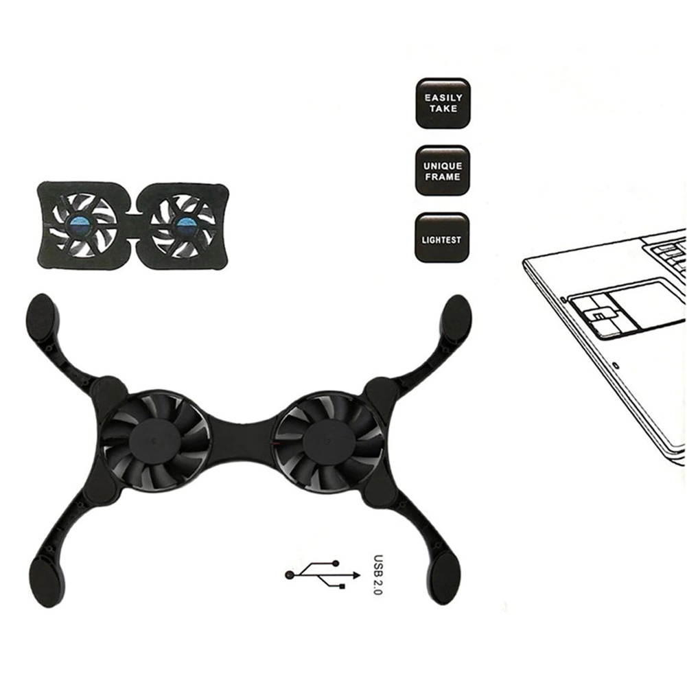 Black Laptop Desk Support Dual Cooling Fan Notebook Computer Stand Foldable USB Rack Holder