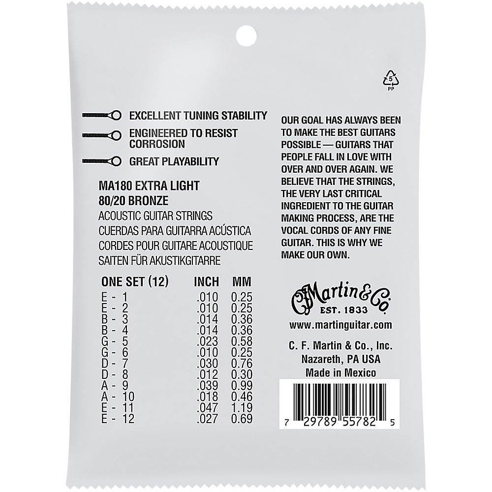 Martin MA180 SP 12-String 80/20 Bronze Extra-Light-Authentic-Acoustic-Guitar-Strings